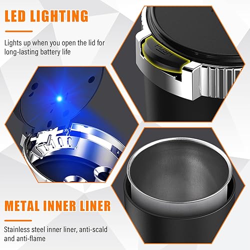 Miniatura 9 de Kewucn Cenicero para automóvil con tapa, cenicero portátil y desmontable sin humo, mini cubo de basura de acero inoxidable para vehículo con luz LED