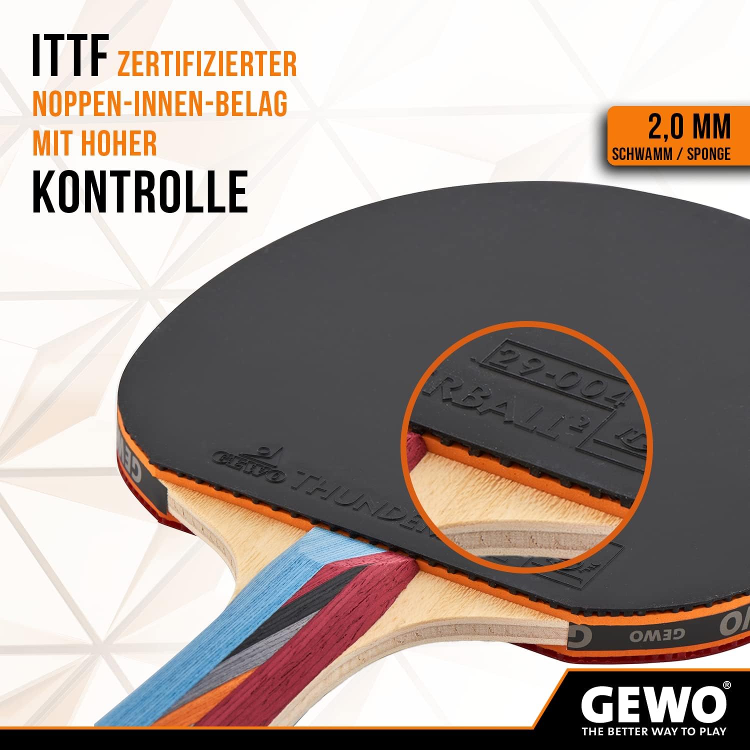 GEWO SMASH Tischtennisschläger - ITTF genehmigter Allroundschläger für Kinder, Wettkampf-Komplettschläger mit kontrolliertem Thunderball 2 Belag und hohen Rotationseigenschaften, konkav, 2,0mm Schwamm