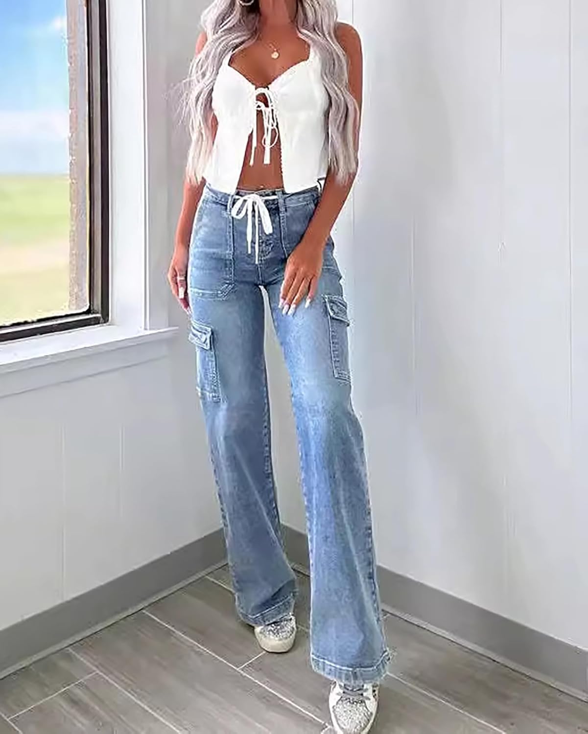 Women's Straight Leg Cargo Jeans Drawstring Elastic Mid Rise Washed Distressed Flap Pocket Denim Pants