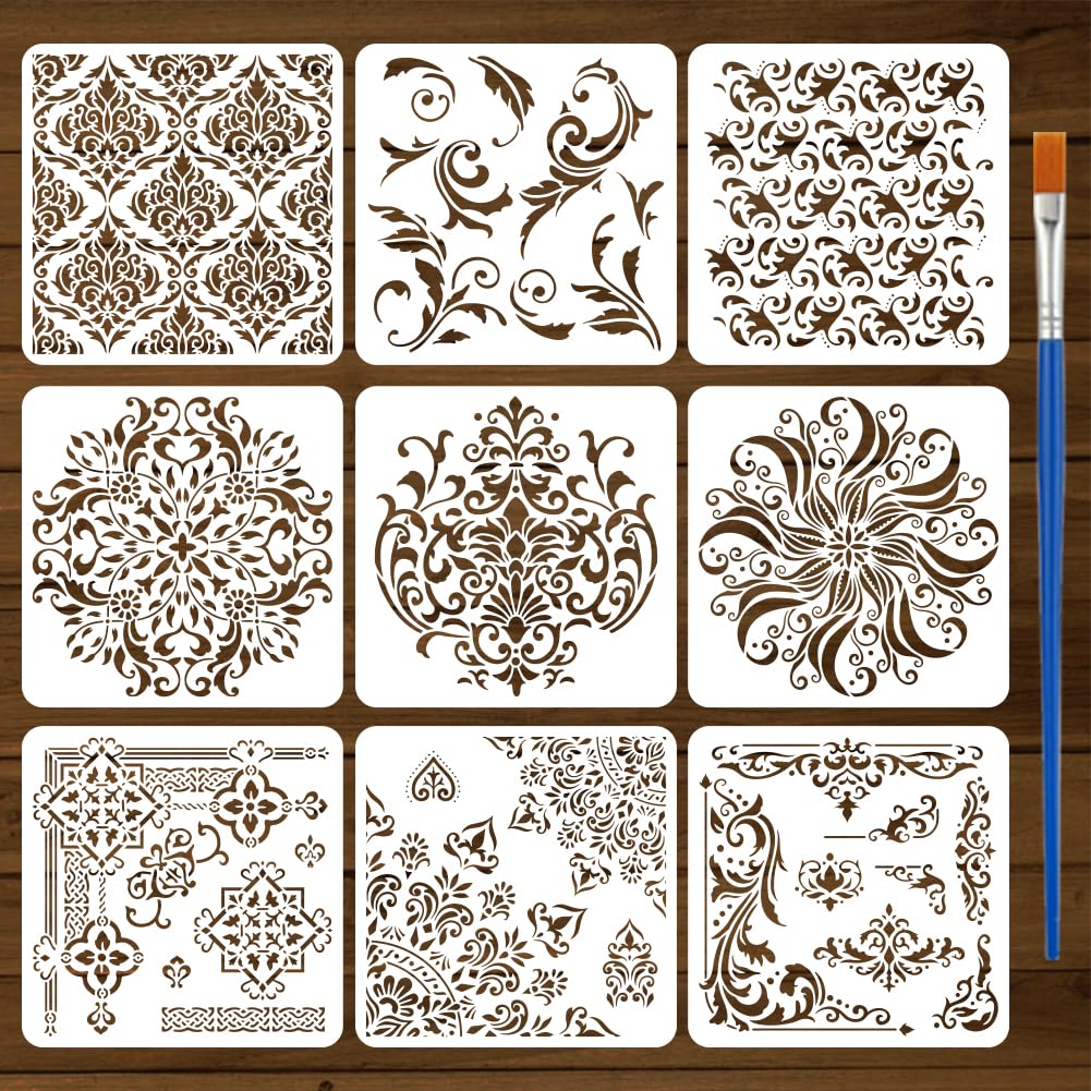 FINGERINSPIRE 9 Pcs Damask Painting Stencil with Brush 30x30cm Mandala Flower Drawing Template Flower Corner Border Pattern DIY Decoration Stencil for Painting on Wood Wall Fabric Furniture
