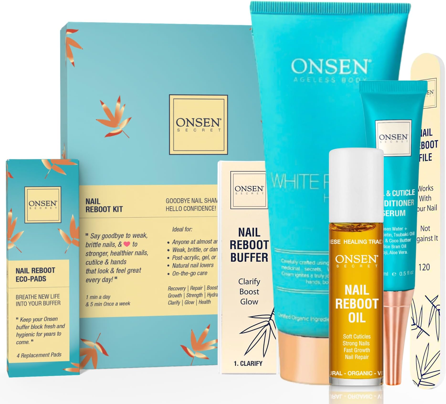 Onsen Secret Ultimate Nail Reboot Kit - Includes Cuticle Oil & Anti Aging Hand Lotion, Professional Nail File and Buffer, 3-Way Block w/Replacement Pads, Nail Strengthening Cuticle Cream