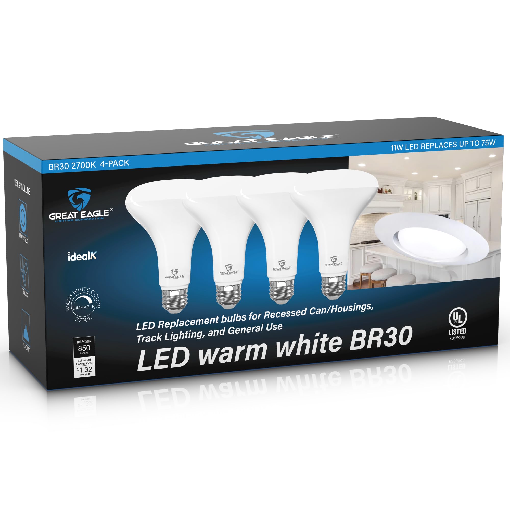 Great Eagle Lighting Corporation BR30 LED Bulb, 11W (75W Equivalent), 850 Lumens, 2700k (Warm White), for Recessed Can Use, Dimmable, and UL Listed (4 Pack)