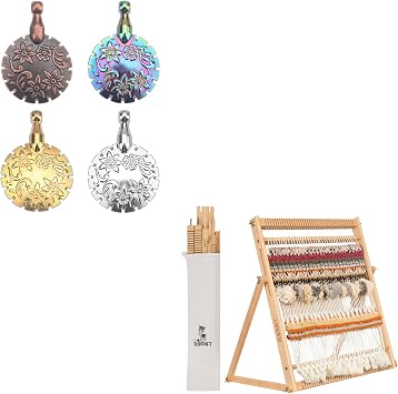 Olikraft 4-Pack Yarn Cutter Pendant Set and Wooden Weaving Loom with Adjustable Stand - Versatile Crafting Tools for Knitting, Weaving, and Crocheting, Ideal for Kids and Adults, Includes Shuttle Stic