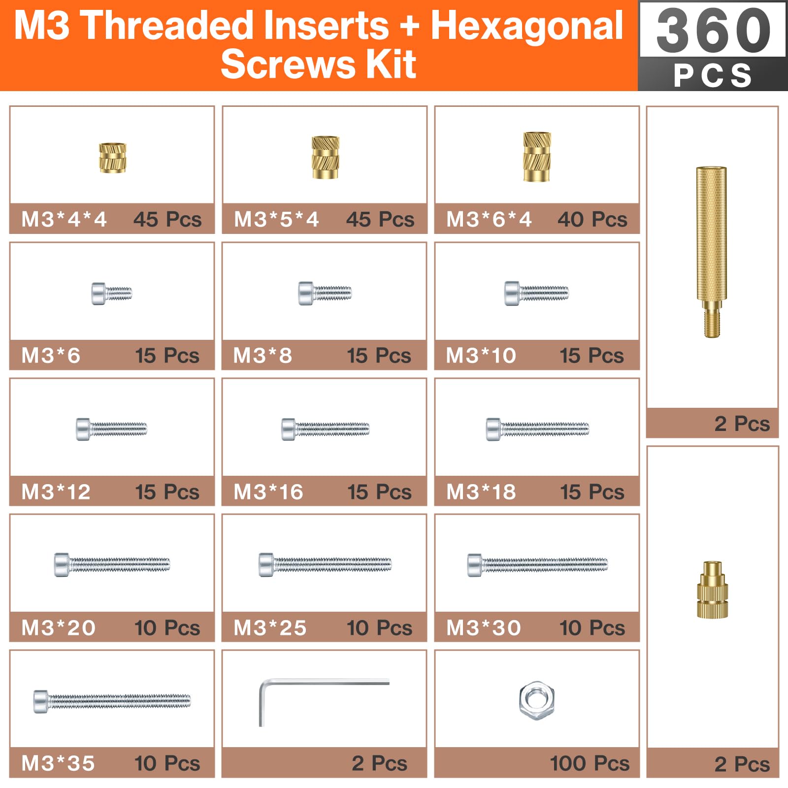 M3 Insert Fileté, Preciva Jeu de vis Filetées,Kit de Fer à Souder(200~500℃), 360 Pièces Insert Fileté Metal M3 avec vis boulon assorties,Accessoires compatibles avec les Imprimantes 3D