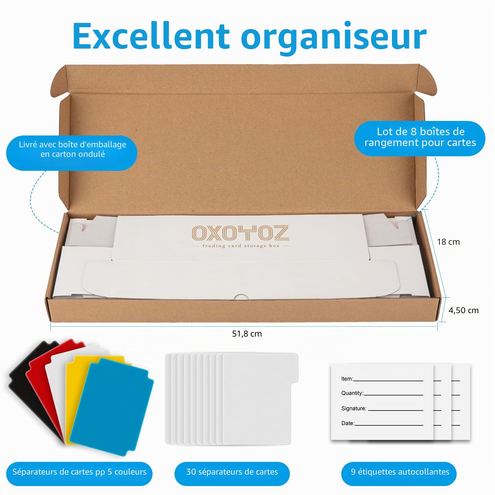 Boîte de rangement pour cartes à collectionner, lot de 8 avec 5 séparateurs colorés, 9 autocollants d'étiquettes, 30 séparateurs, boîte pour cartes de baseball, football, basketball et autres