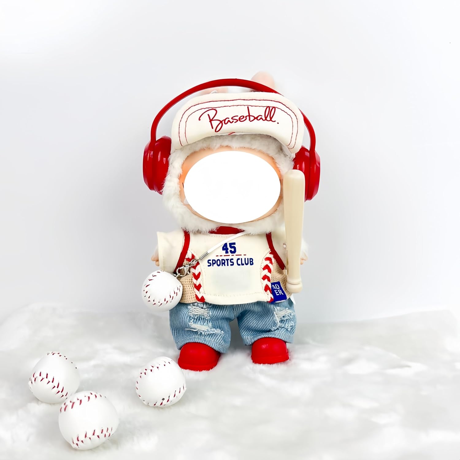 Baseball Outfit Set for Labubu, Athletic Baseball Sports Gear 7 Piece Cap Jersey Pants Bat Necklace Shoes and Headphone (7 Piece)