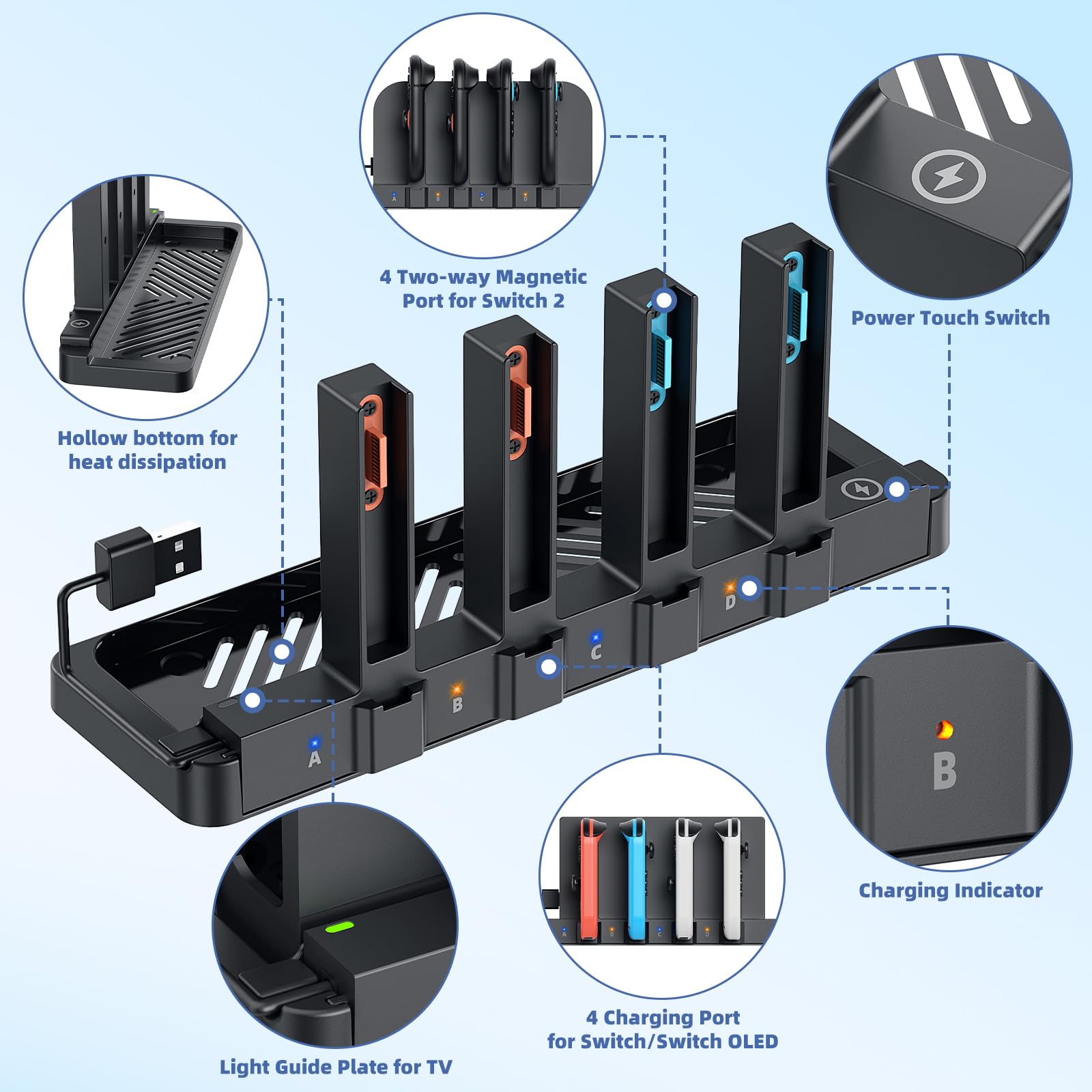 FASTSNAIL - Cargador magnético 9 en 1 de doble dirección para FASTSNAIL Switch 2 2025 y controlador original y OLED, base de carga rápida para accesorios de controlador Switch 2