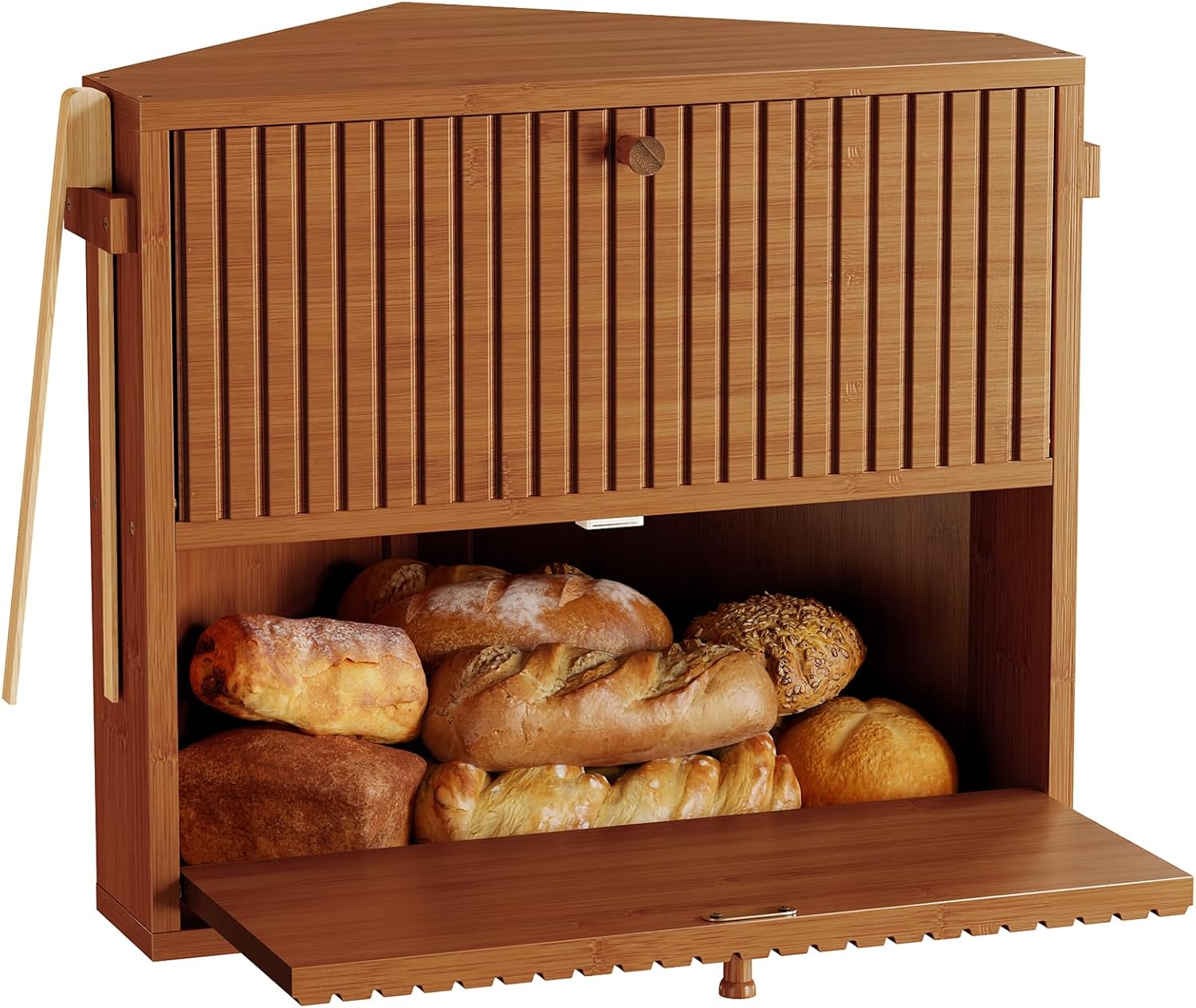 WOWLIVE Corner Bread Box for Kitchen Countertop, Large Vintage Bread Storage Container Bin for Homemade Bread, Double Layer Farmhouse Bread Holder for Kitchen, Cabinet, Pantry (Caramel, Medium)