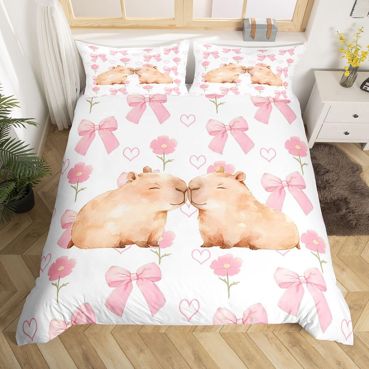 Homewish Kids Capybara Duvet Cover King Girls Pink Bow Bedding Set - Sweet Capybara Couple Quilt Cover with 2 Pillowcases - Kawaii Bowknot Floral Bed Set Romantic Animal Themed Room Decor
