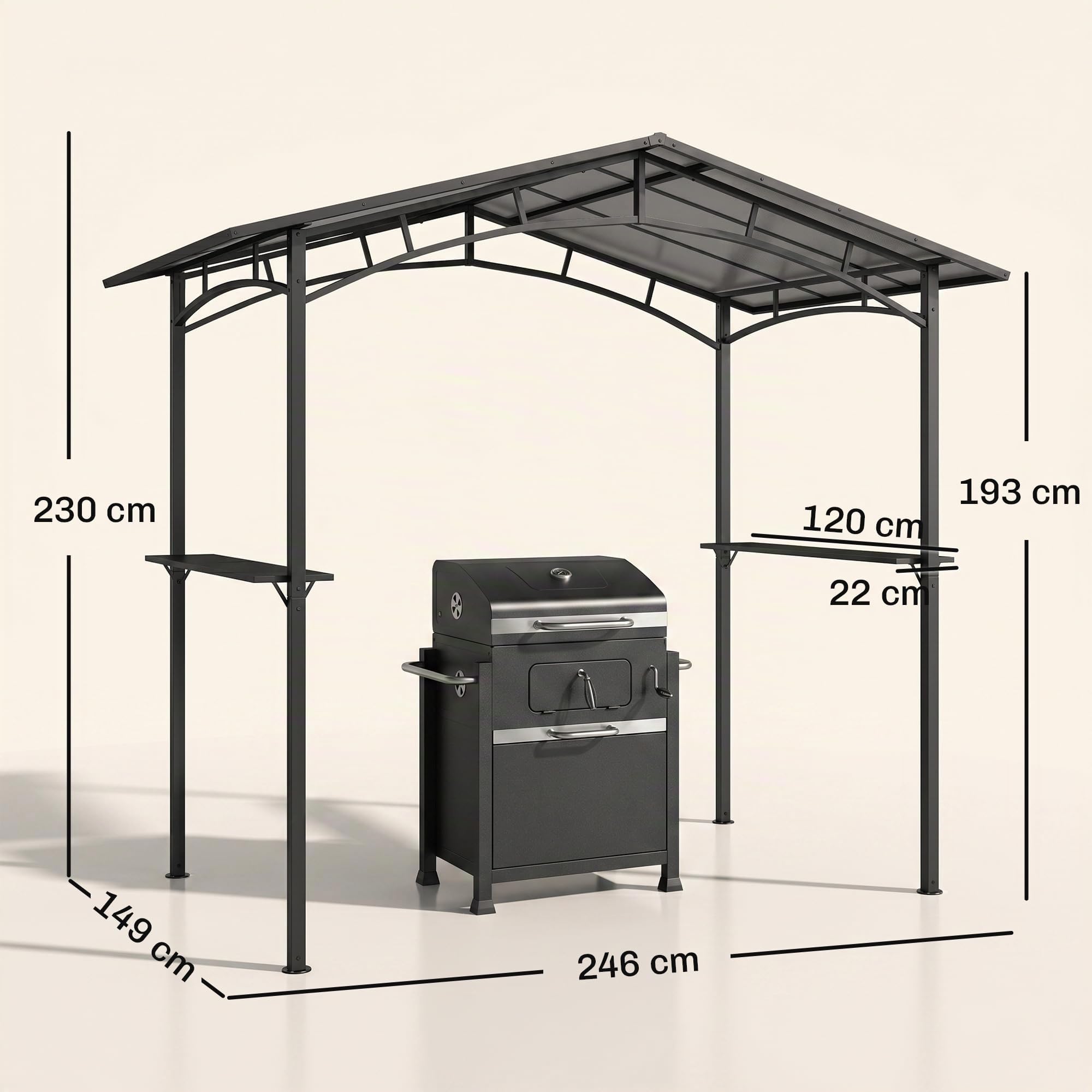 Outsunny Pérgola de Barbacoa 246x149x230 cm de Aluminio Gazebo Cenador con 2 Estantes para Jardín Patio Terraza Fiestas Protección Solar Negro