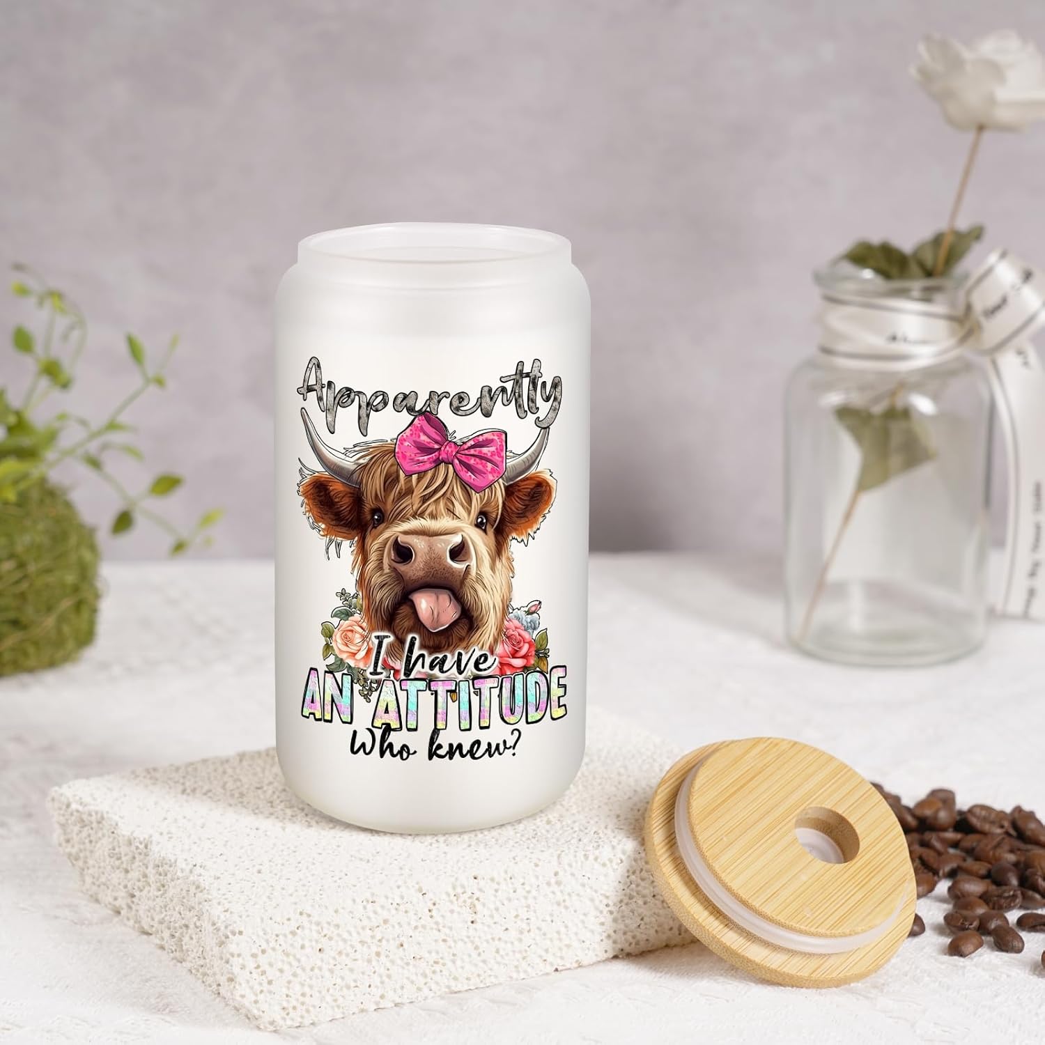 Fairy's Gift Funny Highland Cow Cup Tumbler, Cattle Print Stuff, Cute 16 oz Frosted Glass Coffee Cups with Lids Straws, Valentines, Birthday, Highland Cow Gifts for Women Girls Cattle Lovers Cowgirls - Image 6