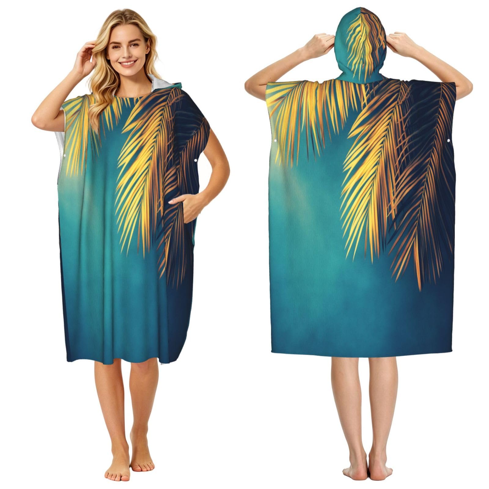 KLGRTJHK Withered Palm Leaves Adult Hooded Beach Poncho Towel 43"X35"