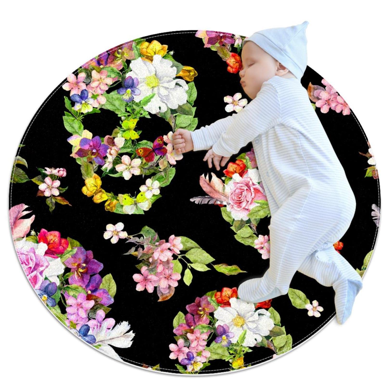 Tapis ronds antidérapants 100x100cm : motif floral crâne pour chambre