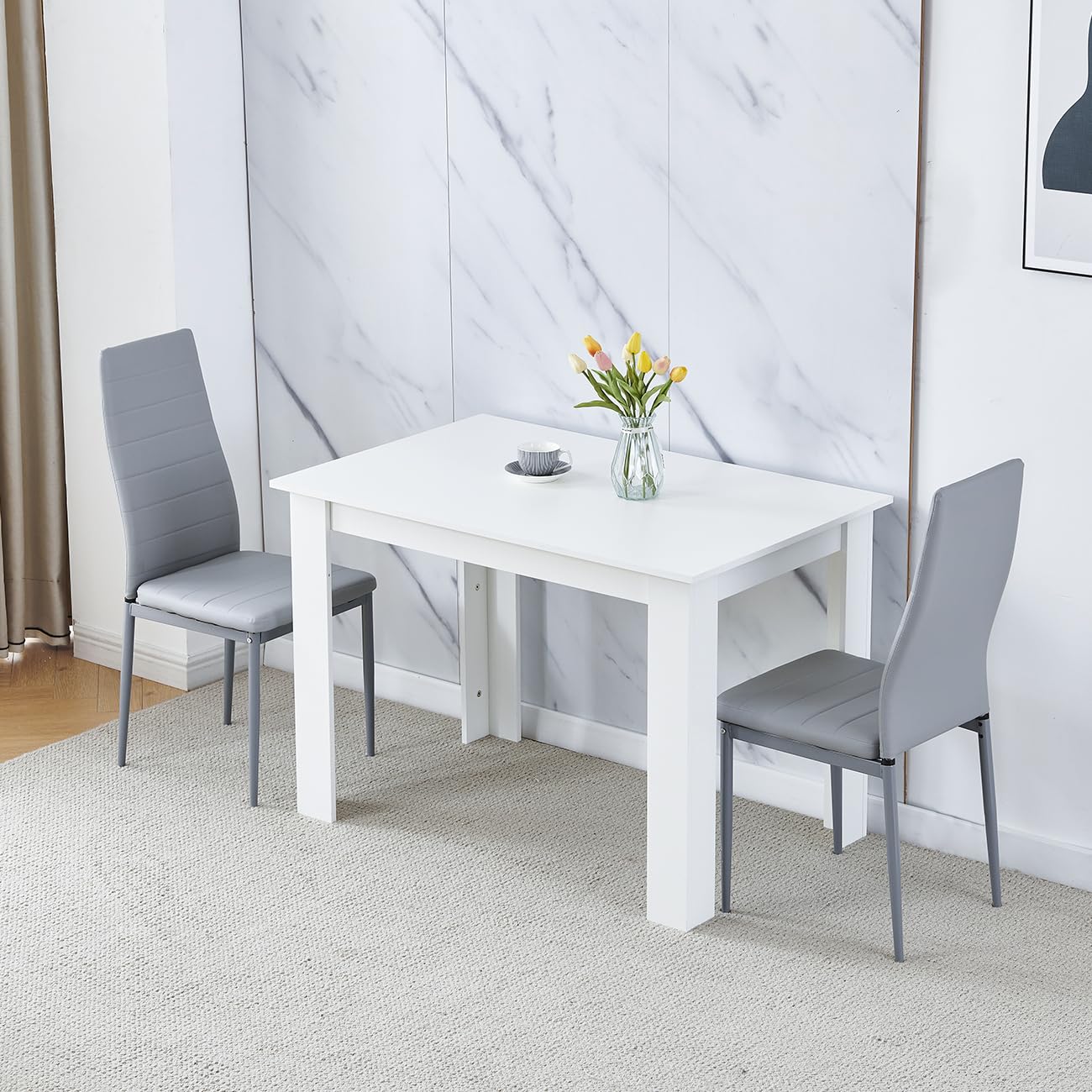 Homullel 110cm Dining Table and 2 Chairs, 2 Seater Kitchen Table and Chairs Set for Space Saving, Compact Dining Room Set for 2, 110x70 cm, Wooden, White (2 Seaters, Faux Leather Grey) โ image 1