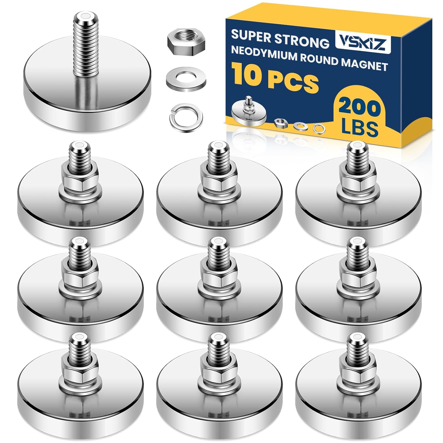 10 Packs Super Strong Neodymium Round Magnet with M8 Male Thread Nuts Bolts 200 lb Corrosion-Resistant Mounting Magnet for Lighting Camera and Other Brackets Outdoor Tools 44mm D