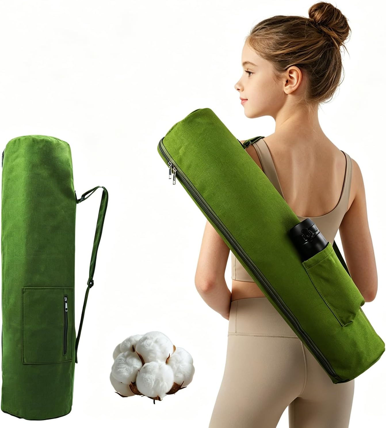 Cotton yoga mat bag with Pockets and Adjustable Strap - Full Zip Cargo Yoga Mat Carrier Bag - Bag for 1/4" 1/3" Thick Yoga Mat