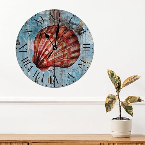 Miniatura 24 de ArogGeld Reloj de pared de PVC de mediados de siglo, concha, números de playa, estilo océano con números romanos de 10 pulgadas, funciona