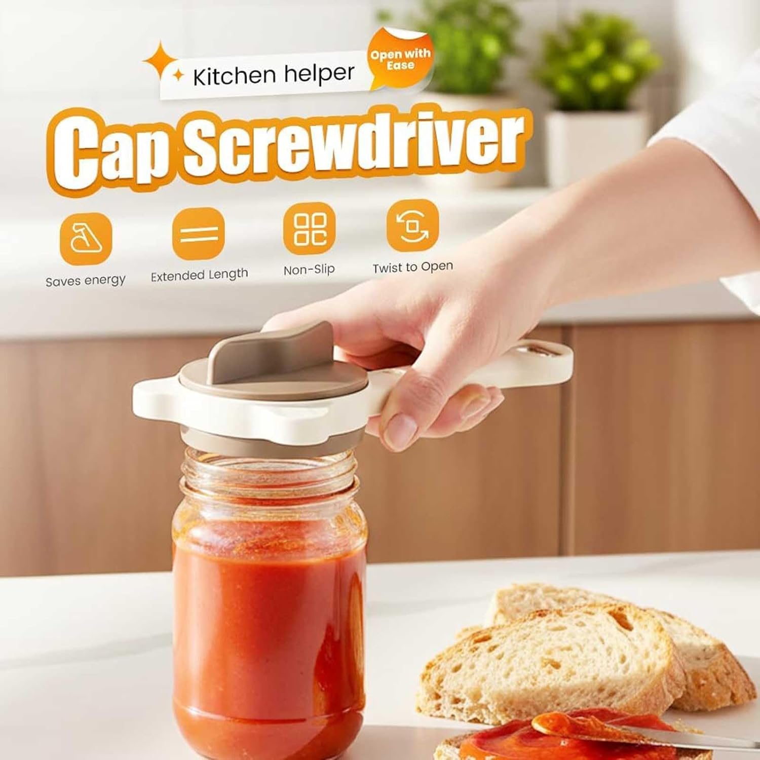 4 in 1 Adjustable Jar Opener Effortless Bottle Lid Gripper with Extended Handle Non Slip Jaws Multifunctional Kitchen Helper(1 Pack)