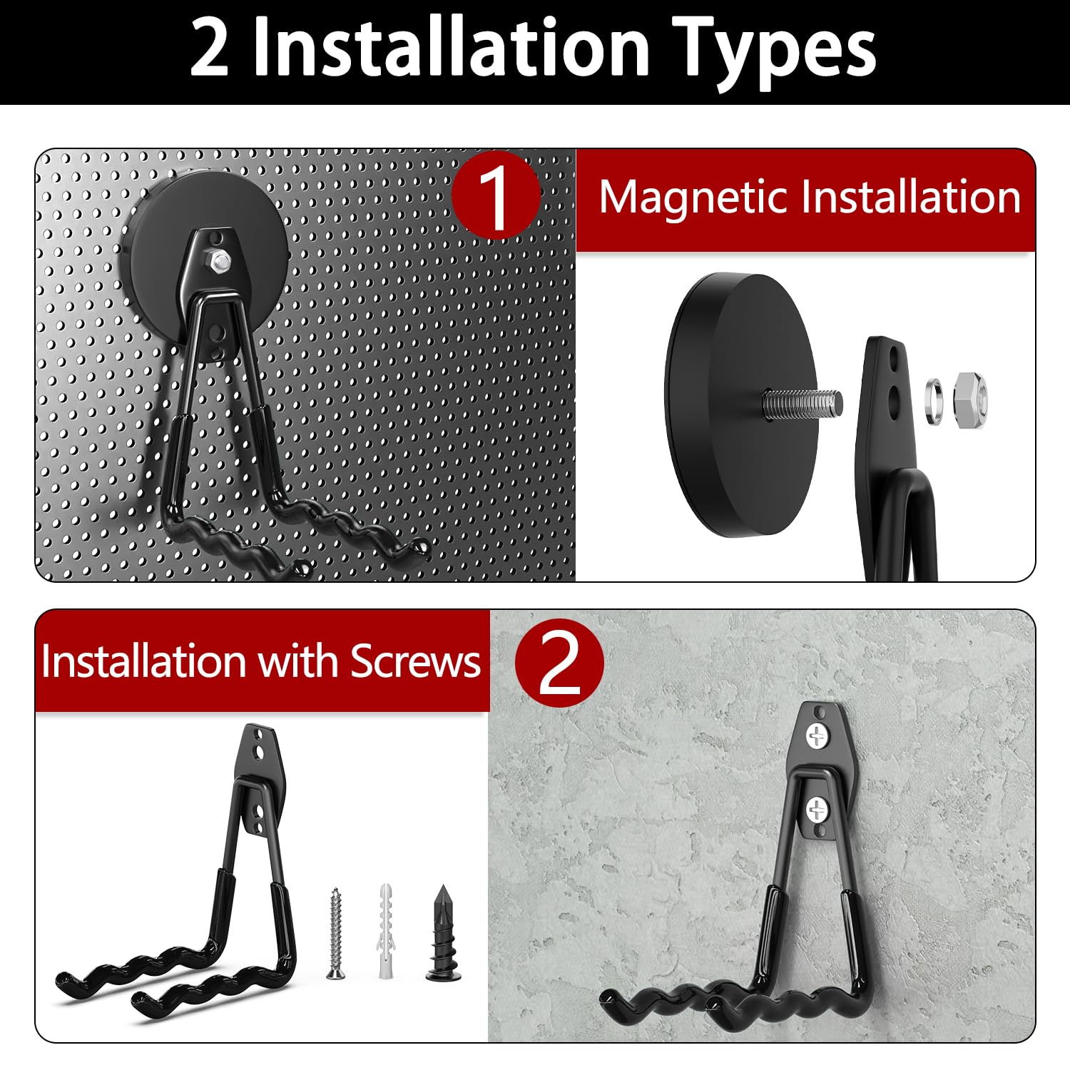 3-H Pack de 4 Ganchos Magnéticos Pesados Ondulados 88mm Garaje Taller, Soportes Fuertes para Escobas, Escaleras, Herramientas Eléctricas, Mangueras y Jardín Negro | Soporte para herramientas sin taladrar para garaje, taladro eléctrico, herramientas de jar