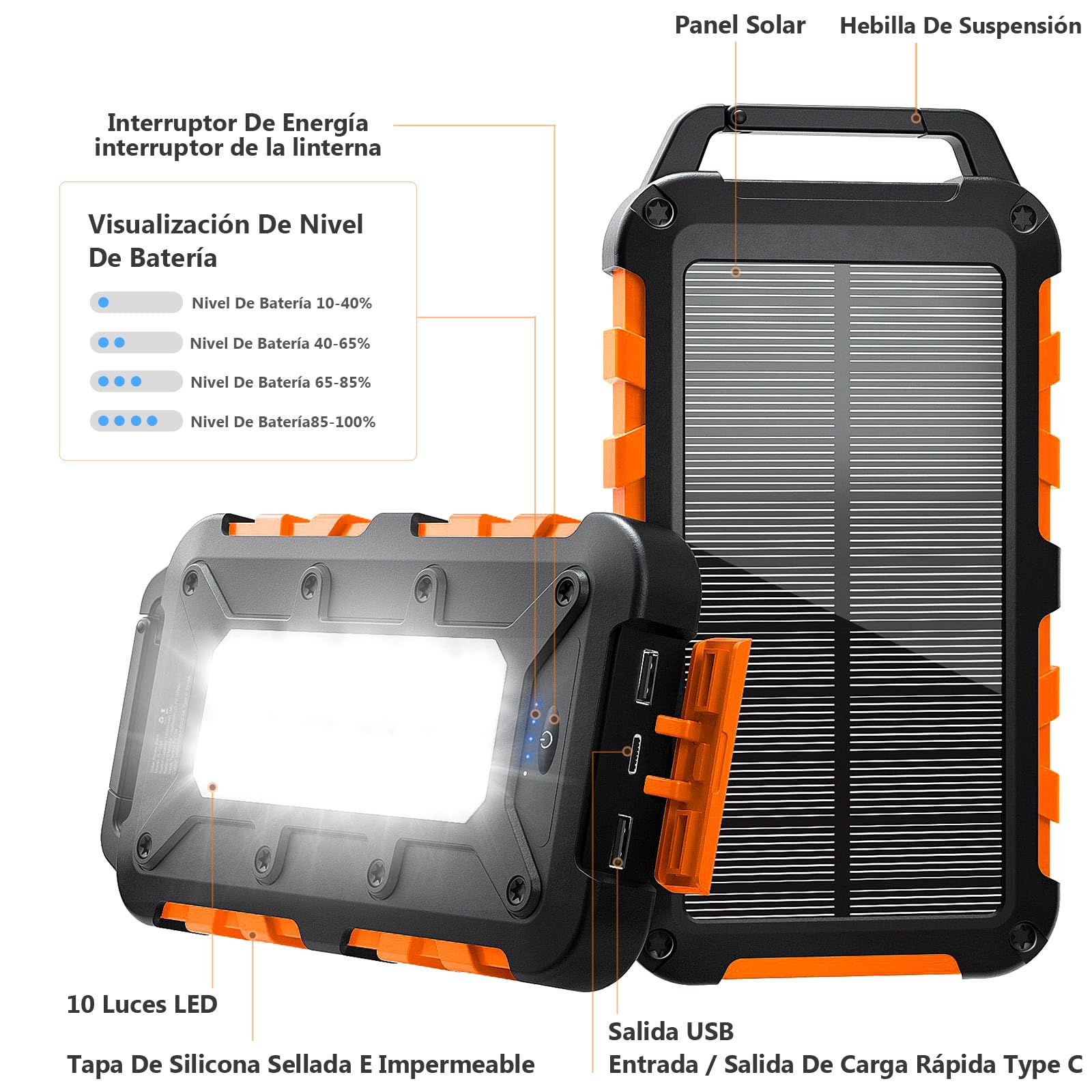 Cargador Solar 10000 mAh Power Bank Solar, Bateria Externa con Carga Rápida 22,5W Impermeable IPX4 2 Puertos USB + Linterna LED Compatible con Smartphones Tablets Camping y Emergencias Naranja