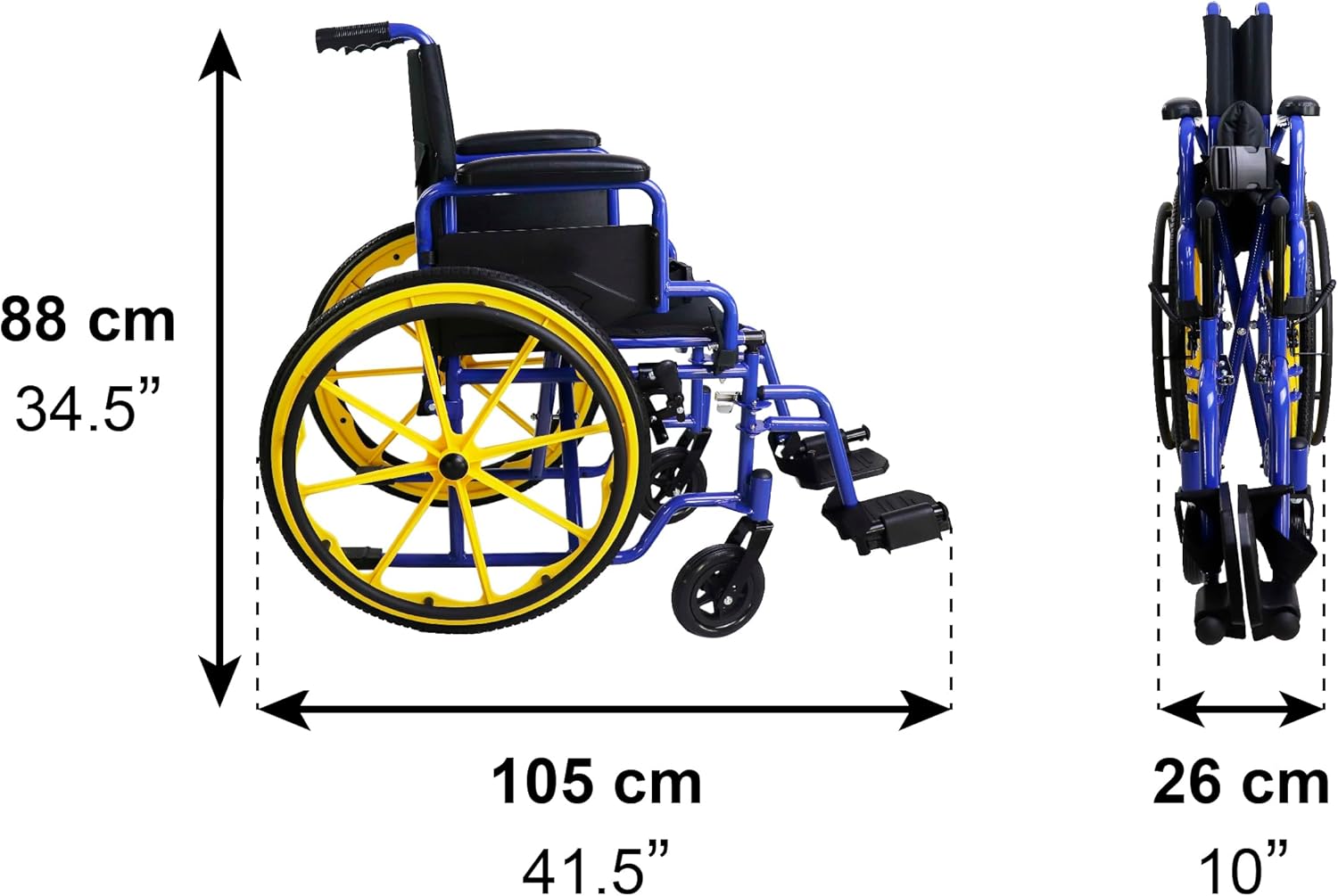 The PEPE Mobility P10030 wheelchair shown in its folded, compact state next to its unfolded state, illustrating its space-saving design.