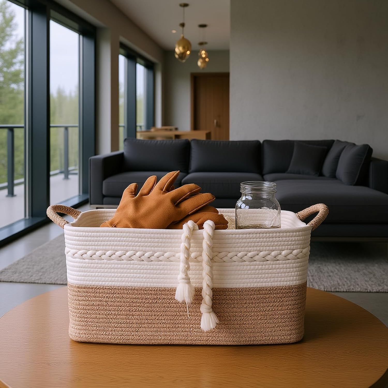 Decorative laundry basket with handles woven from natural cotton rope storage blankets for living room cute boho quilted gift baskets for clothes pillows toys 20"x14"x10",white/brown - Image 6