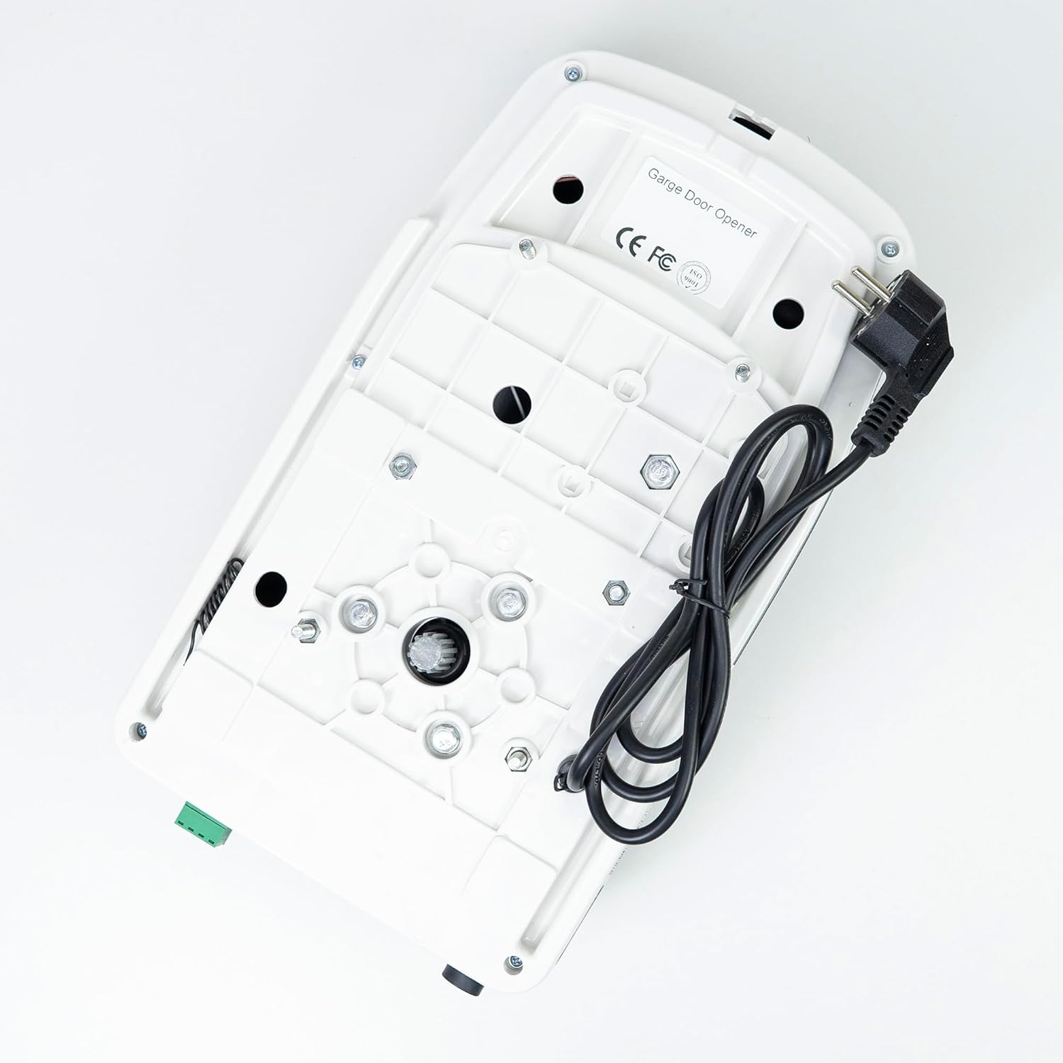 Behean view of the PNI AGD1200 garage door opener motor unit showing internal components and mounting points