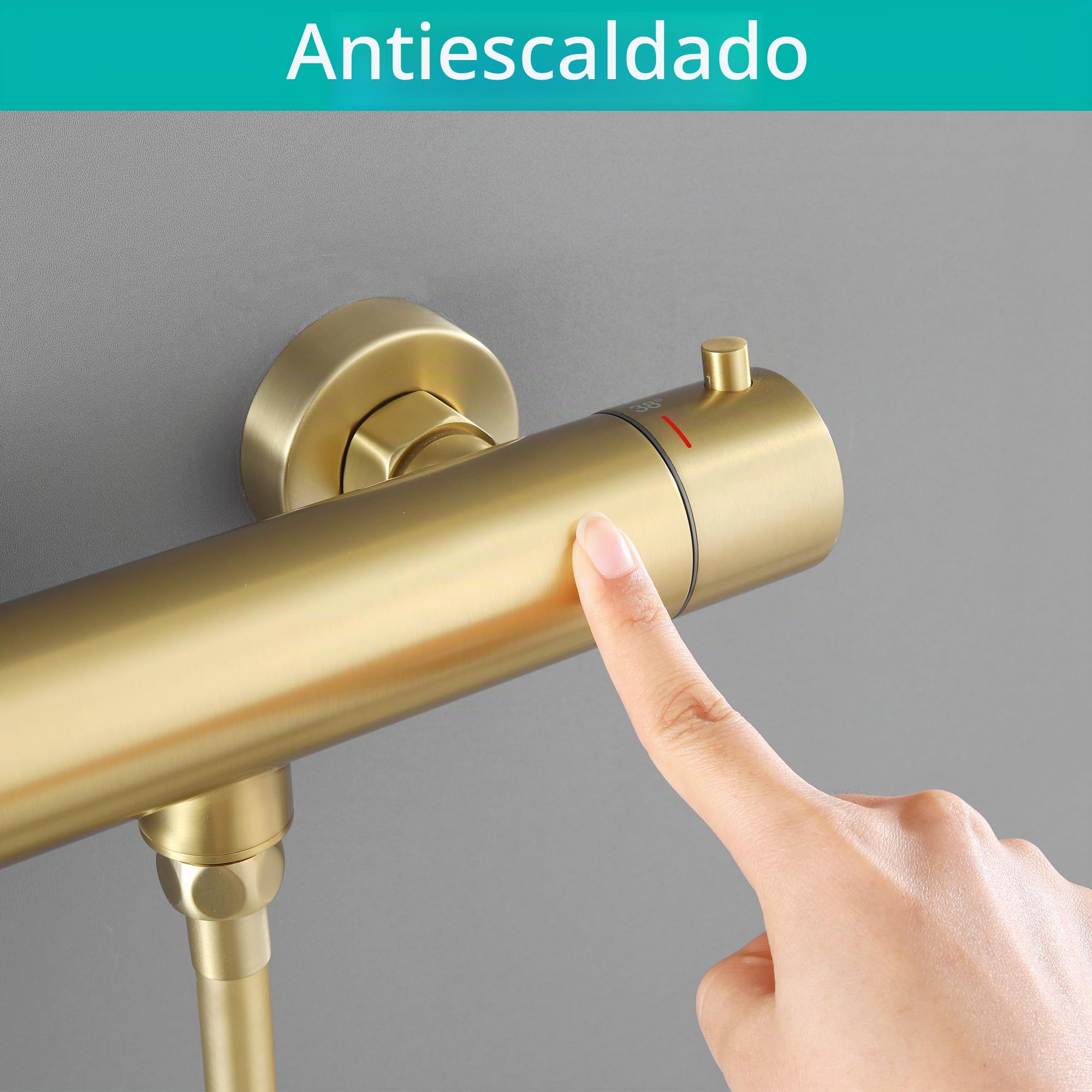 Grifo mezclador termostático dorado con botón de bloqueo de seguridad, barra mezcladora de ducha antiquemaduras de 38 °C, válvula mezcladora de ducha de control de temperatura montada en la