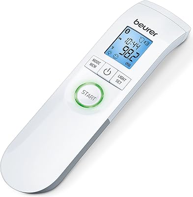 Beurer Bluetooth Non-Contact Thermometer, Forehead, Object, Room Temperature, High Accuracy, XL Blue Illuminated Display, 60 Memory Spaces, White,1 Count (Pack of 1),FT95