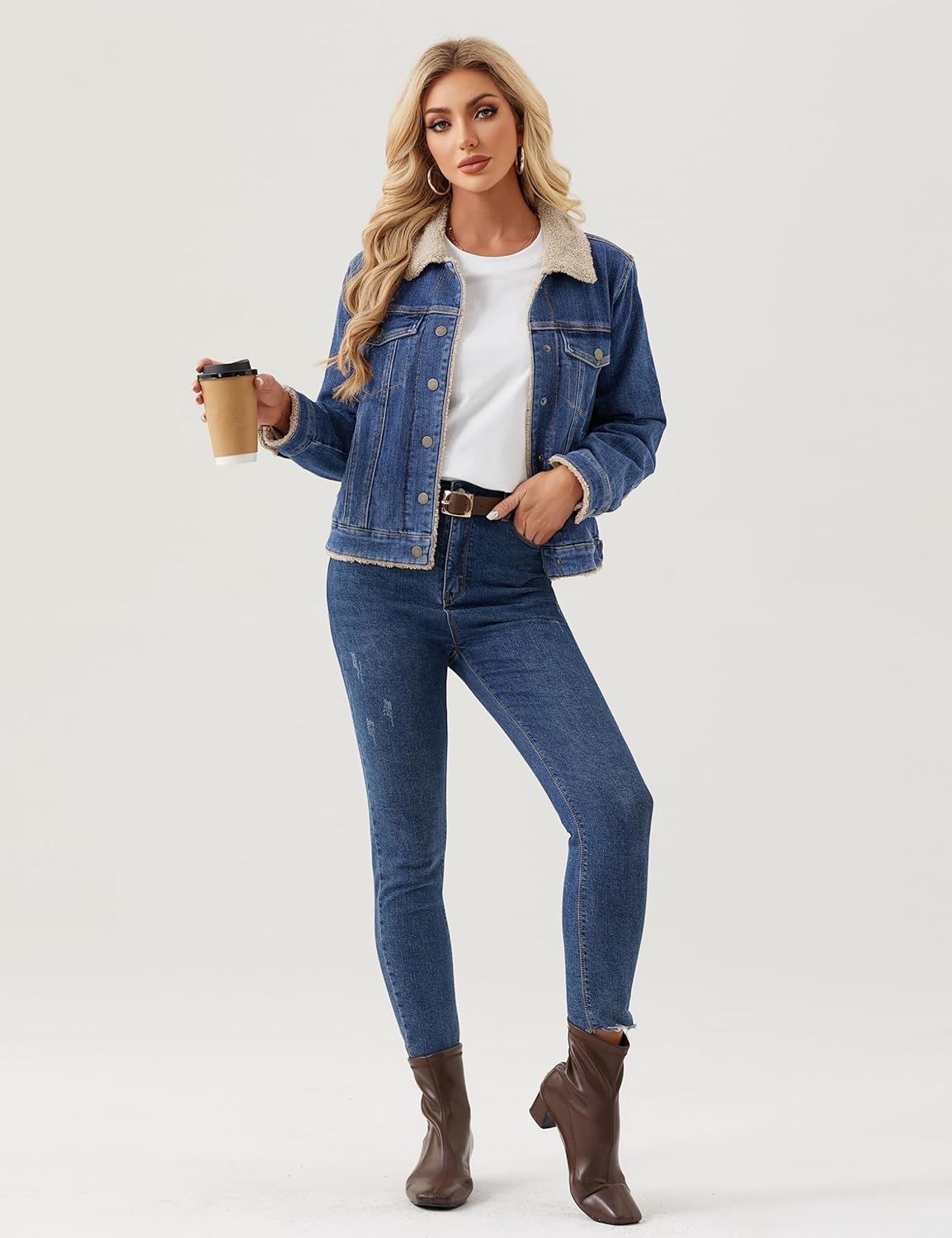 YUCOLEN Women's Denim Jacket Sherpa Lined Fleece Jean Coat Fur Collared Warm Button Down Trucker Jackets with Pockets - Image 6