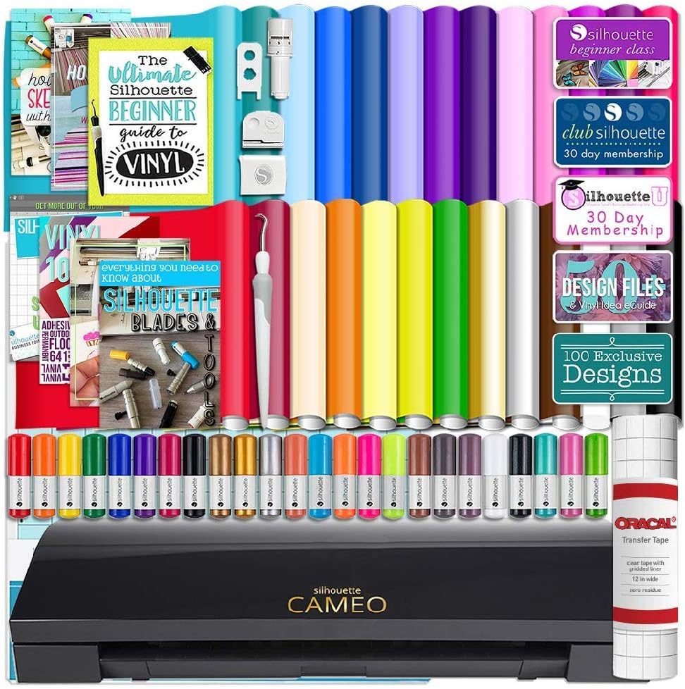 Silhouette Cameo 3 Limited Black Edition Bluetooth Starter Bundle with 26 Oracal Vinyl Sheets, Transfer Paper, Guide, Class, 24 Sketch Pens