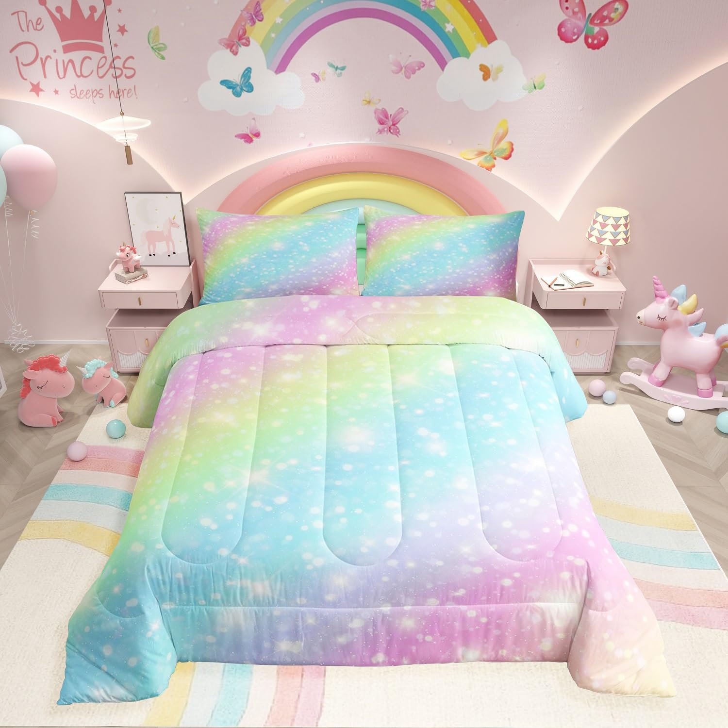 Erosebridal Rainbow Bedding Set for Kids Girls Teens Women Tie Dye Pastel Comforter Set Twin Size Golden Stars Glitter Bedding Comforter Set
