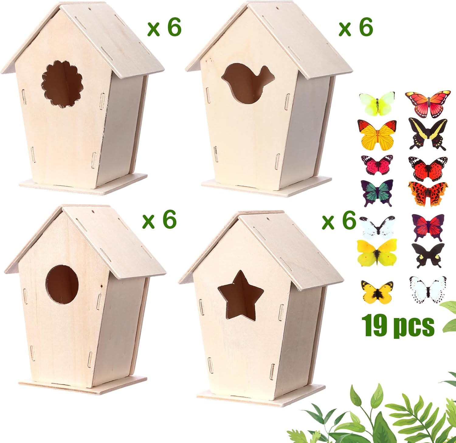 Outus 24 Pcs 5 × 7 Inch DIY Wooden Birdhouse Kit for Kids, Art Painting Bird House Craft Kit Unfinished Bird House Craft for Easter, Kids with Butterfly Sticker Gift 4 Shapes Summer Arts (Delicate)