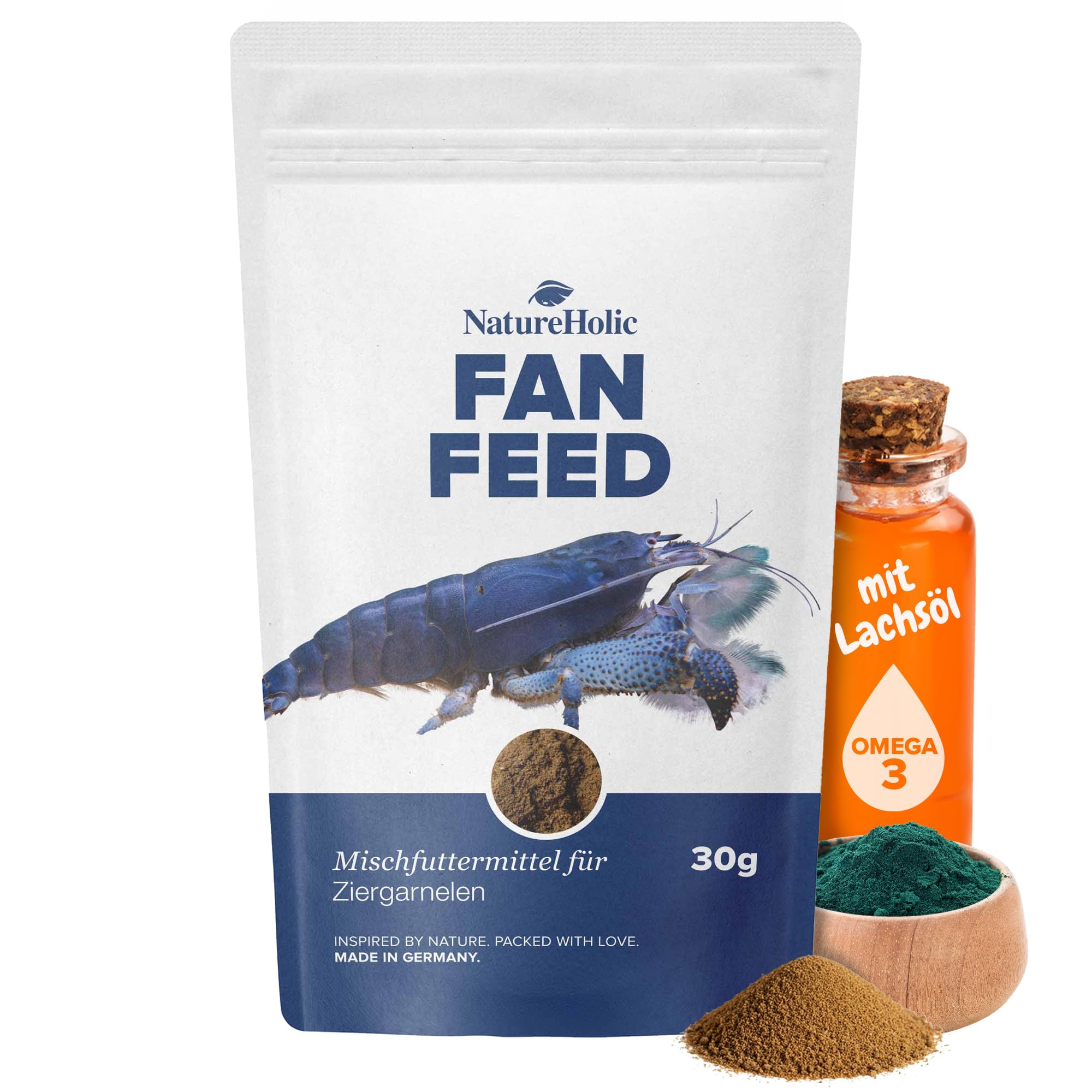NatureHolic - Fächerfeed I Fächergarnelen Futter I Staubfutter speziell für Fächergarnelen I hohem Fettanteil 11% I Proteine von Wirbellosen, Mikrooganismen und Algen I 30g