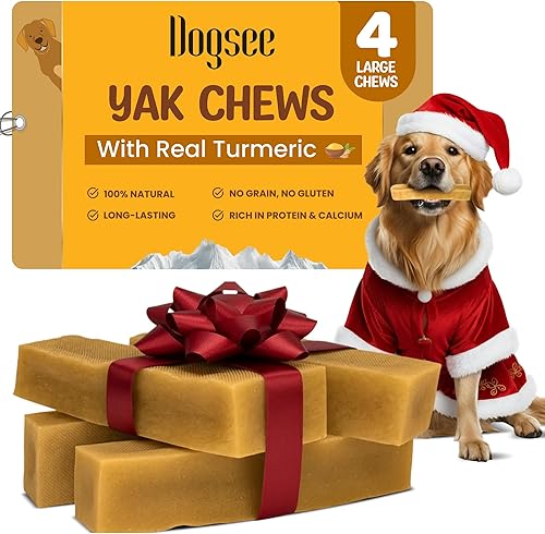 Dogsee Yak Cheese - Masticables para perros del Himalaya con cúrcuma de 1 libra (grande - 4 barras) 100% natural Golosinas para razas grandes