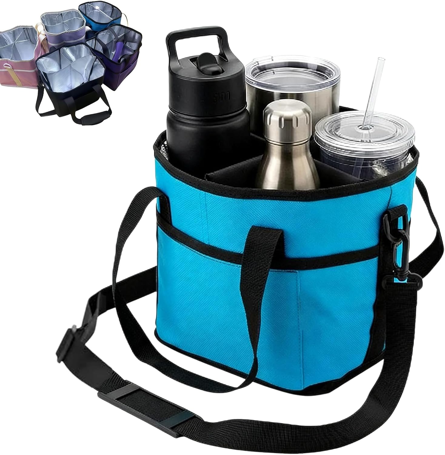 New Family Size 4 Compartment Drink Bag, Drink Holder Bag with Adjustable Strap, Reusable Insulated Drink 4 Water Bottle Carriers for Hiking, Sports, Family Outings & Daily Use