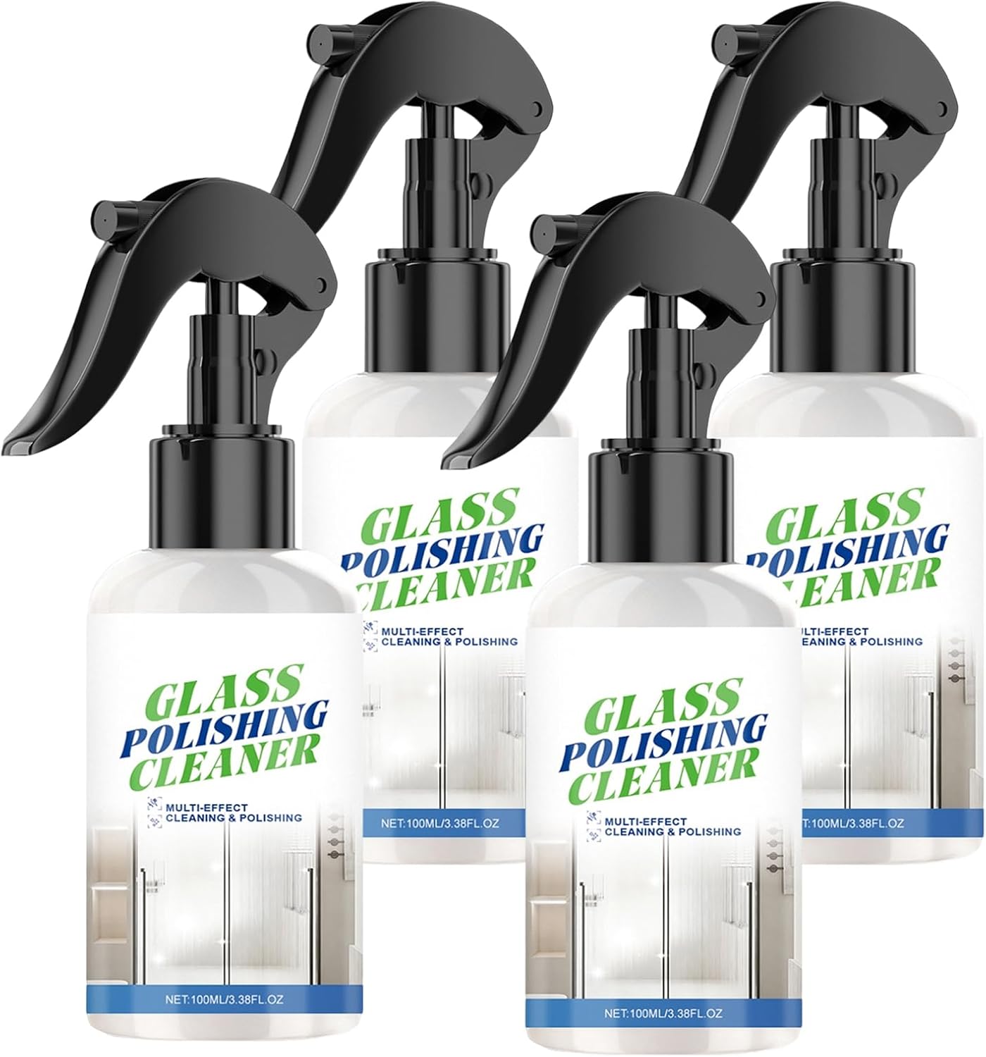 Multi-Surface Glass Cleaner Spray and Polish, Window Cleaner, Streak-free Gloss for Mirrors and Cars, Fast-Action Spray, Removes Fingerprints, Dirt, Dust and Water Spots (4Pcs)