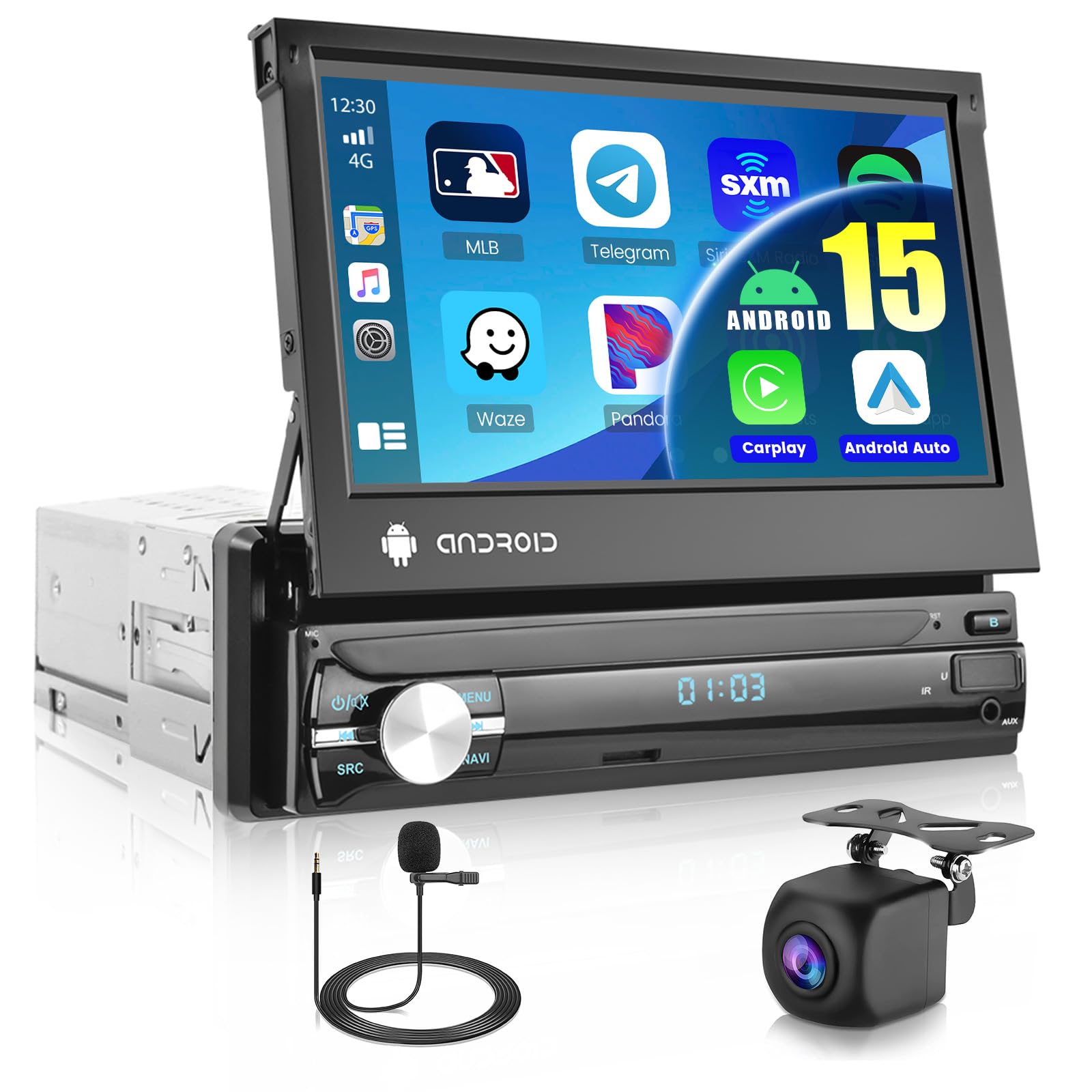 Ohradio Android 15 Radio Coche 1 DIN con Pantalla Retráctil de 7" - CarPlay inalámbrico Android Auto inalámbrico Enlace Espejo GPS Bluetooth FM/RDS SWC+Cámara Trasera+Mic