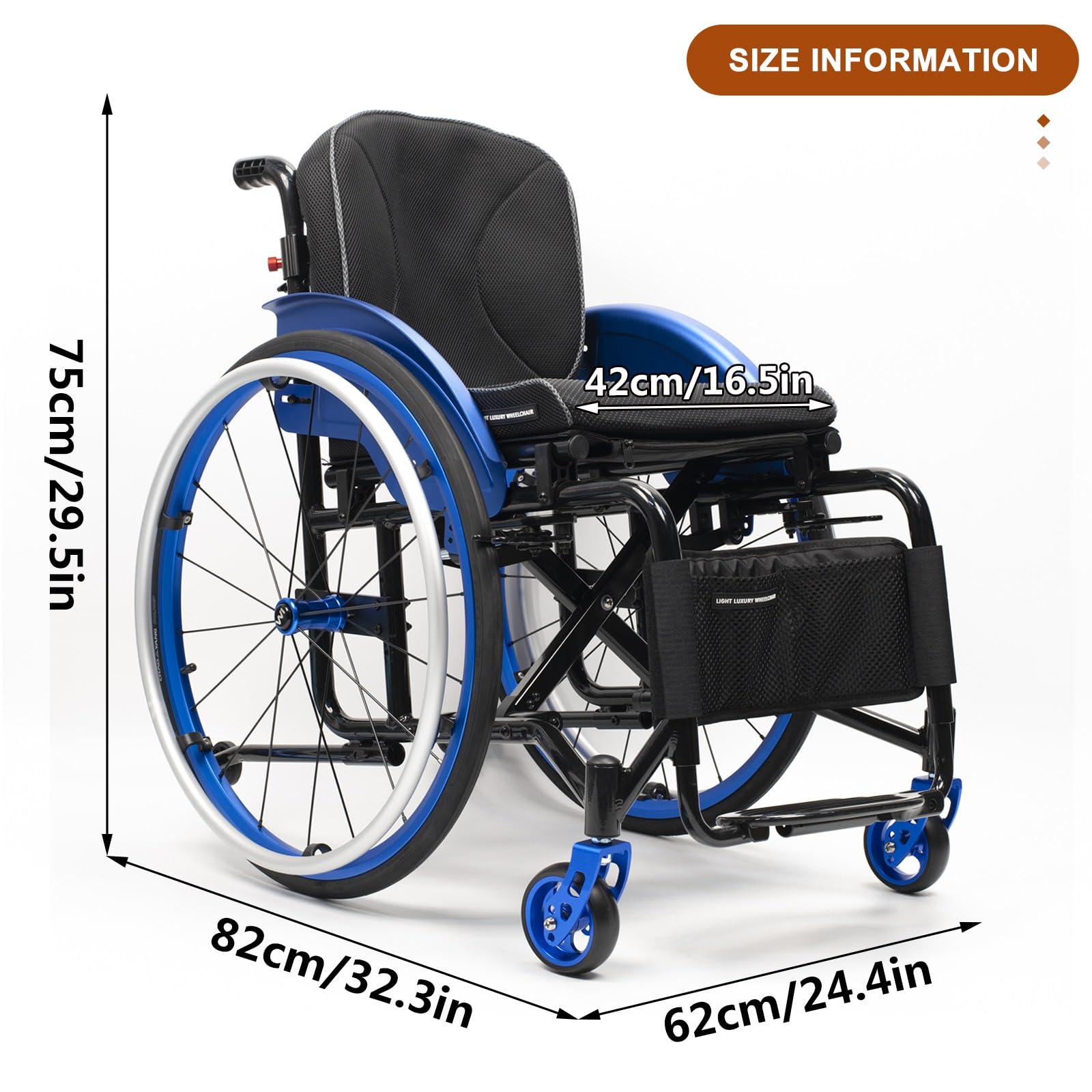 Silla de ruedas deportiva ultraligera plegable portátil todo terreno,Silla de ruedas manual de aleación de aluminio autopropulsada plegable,Silla de ruedas de transporte(Blue B,42cm/16.5in)