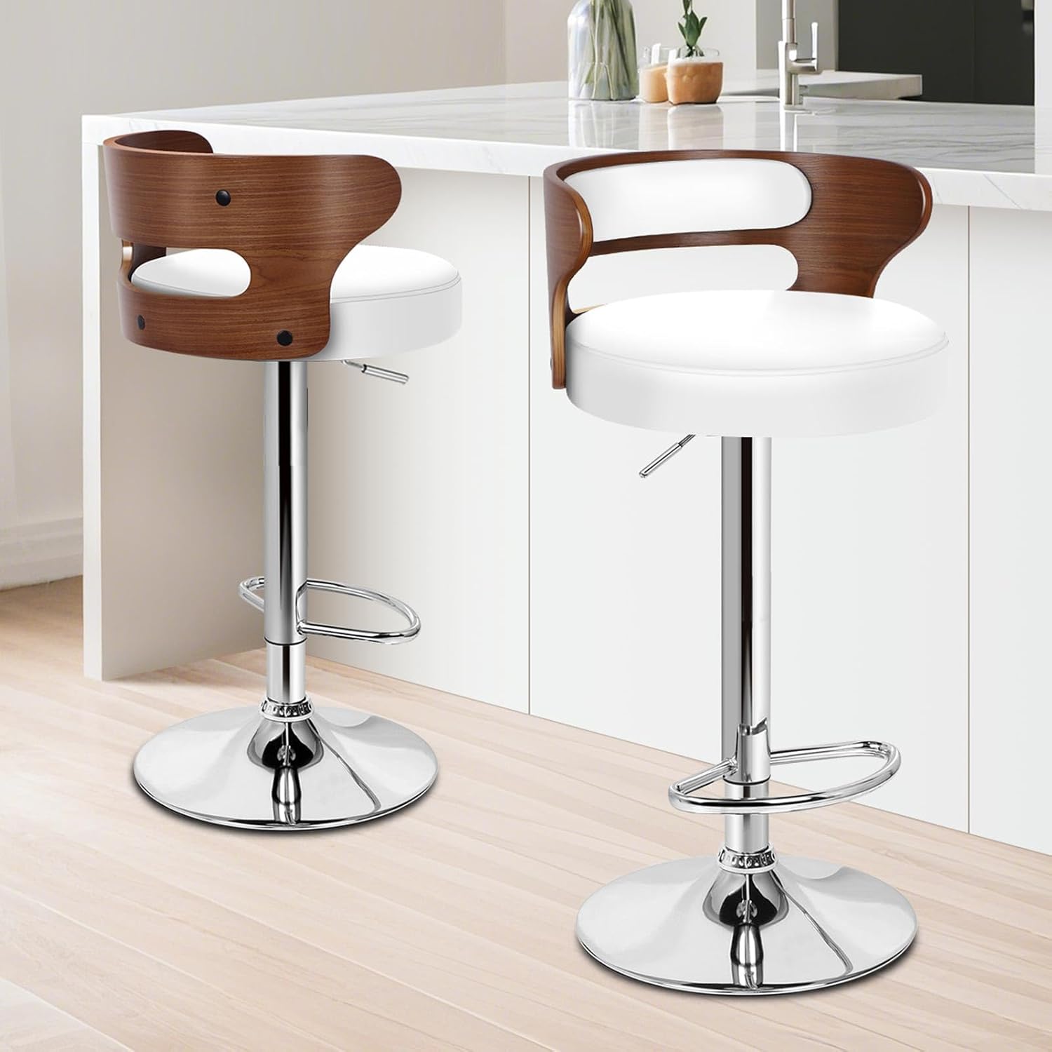 Bar Stools Set of 2, Adjustable Height Swivel Barstools for Kitchen Counter, Modern PU Leather Upholstered Bar Chairs with Bentwood Back and Footrest, for Tall Bar, Kitchen, Dining, White