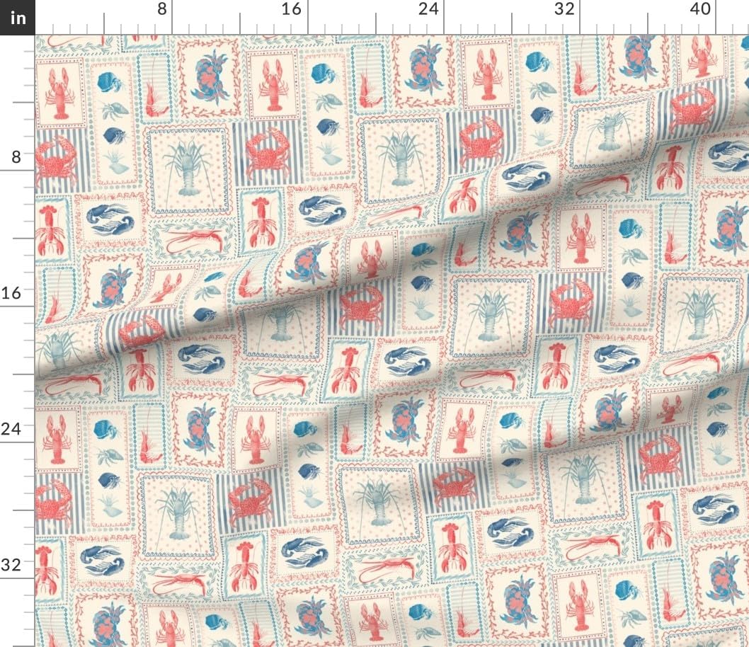 Spoonflower Fabric - Coastal Patchwork Cream Blue Red Stripes Crab Lobster Marine Life Printed on Petal Cotton Fabric by The Yard - Sewing Quilting Apparel Crafts Decor