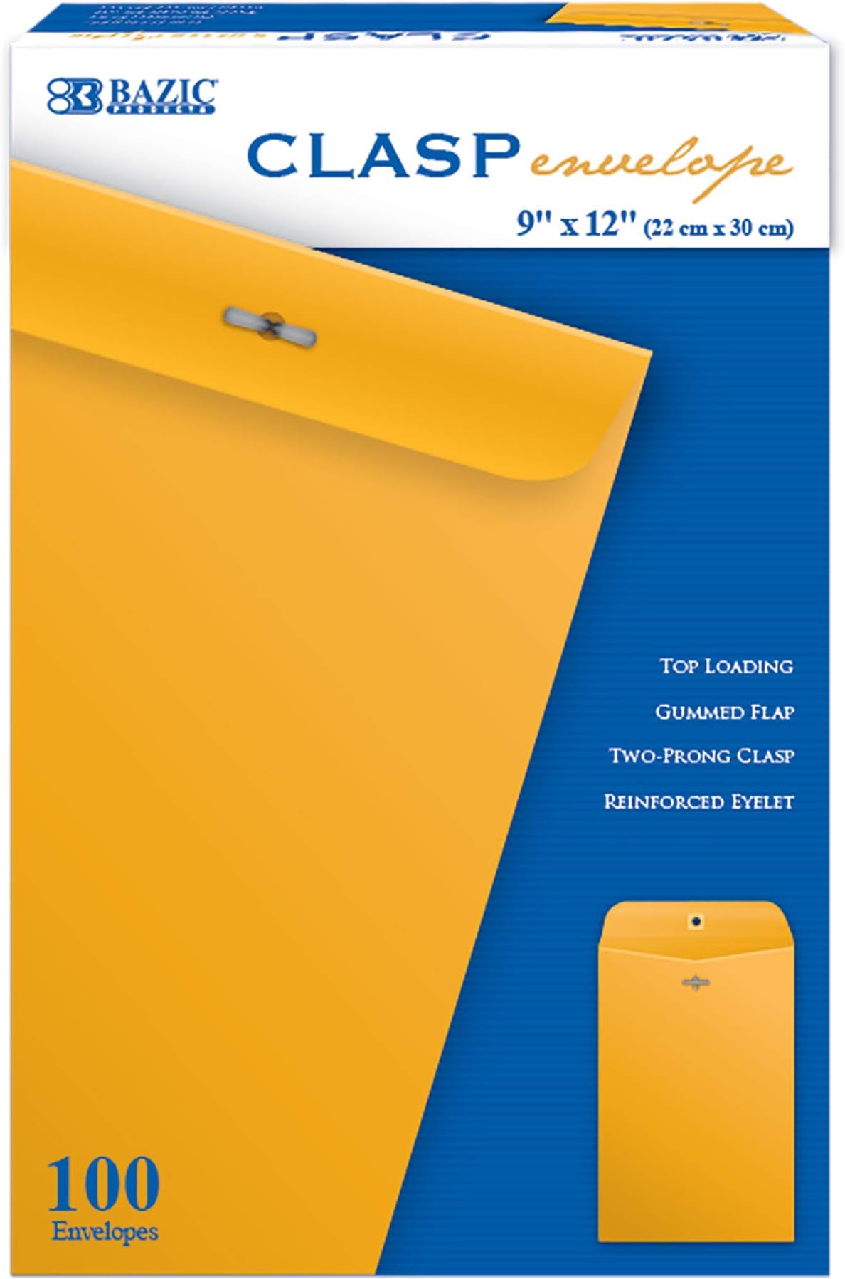 BAZIC Clasp Envelope 9" x 12", Gummed Seal Eyelet Closure