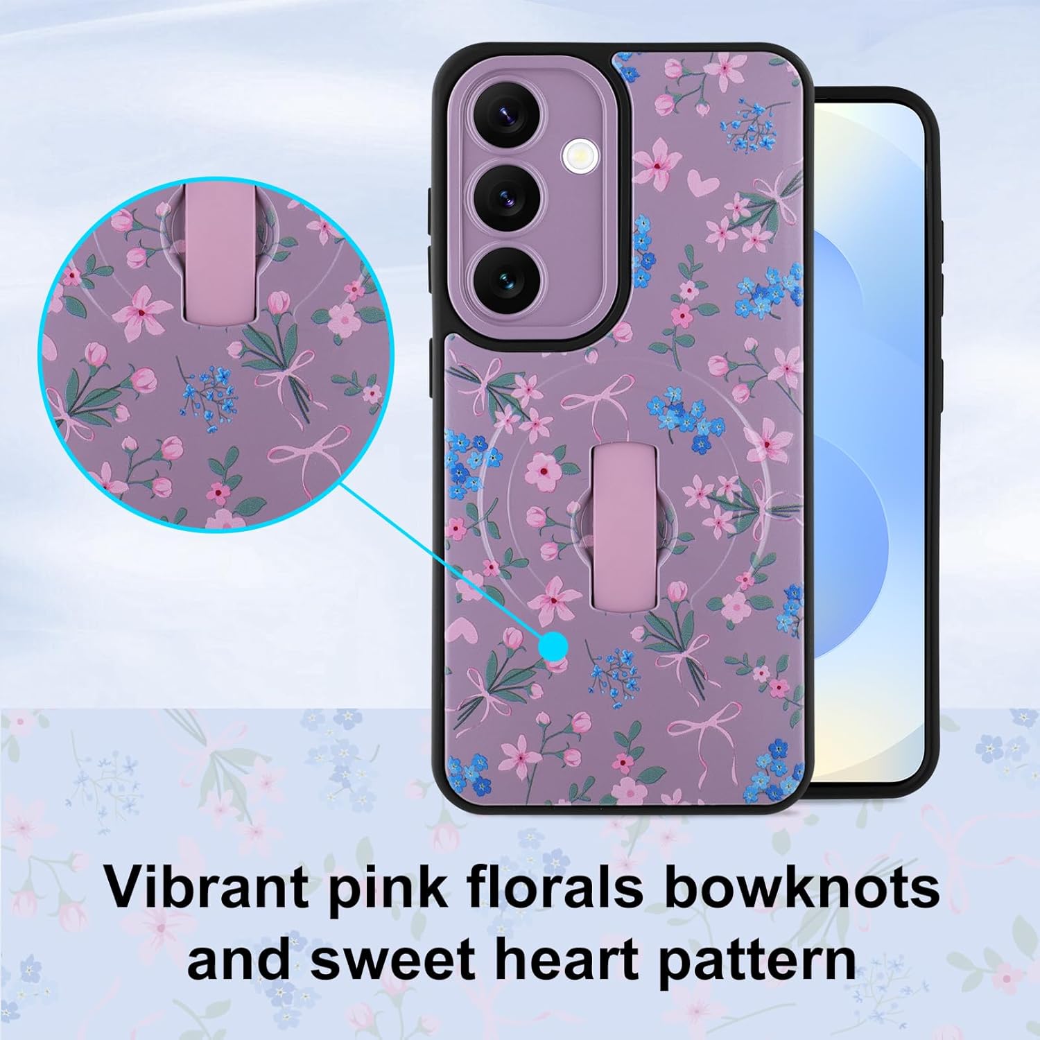 for Samsung Galaxy S25 Case, Finger Strap Kickstand[Compatible with MagSafe] Cute Pink Flower Heart Bowknot Print for Women Girls, Full Camera Protection Aesthetic Shockproof TPU,Purple