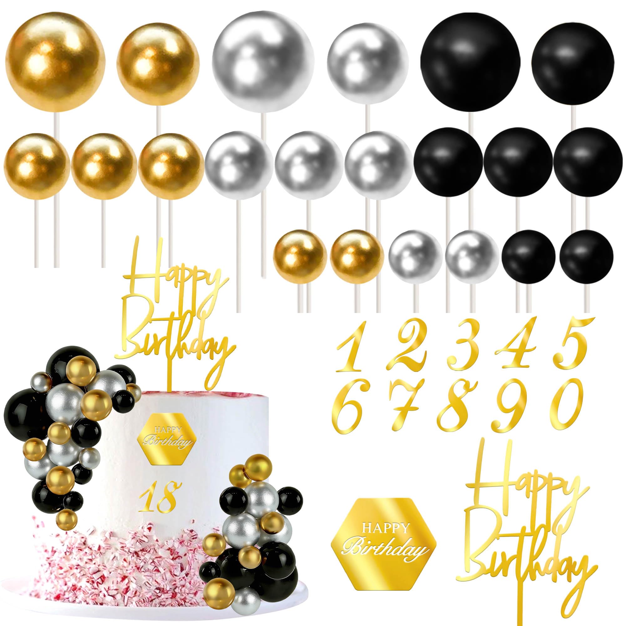 48 Stück Runde Kugel Tortendeko Acryl Zahl 0-9 Kuchen Deko 3D DIY Kugel Cupcake Happy Birthday Cake Topper Toppers für Hochzeit Geburtstag Jahrestag Party Kuchen Dekorationen Schwarz Gold Silber