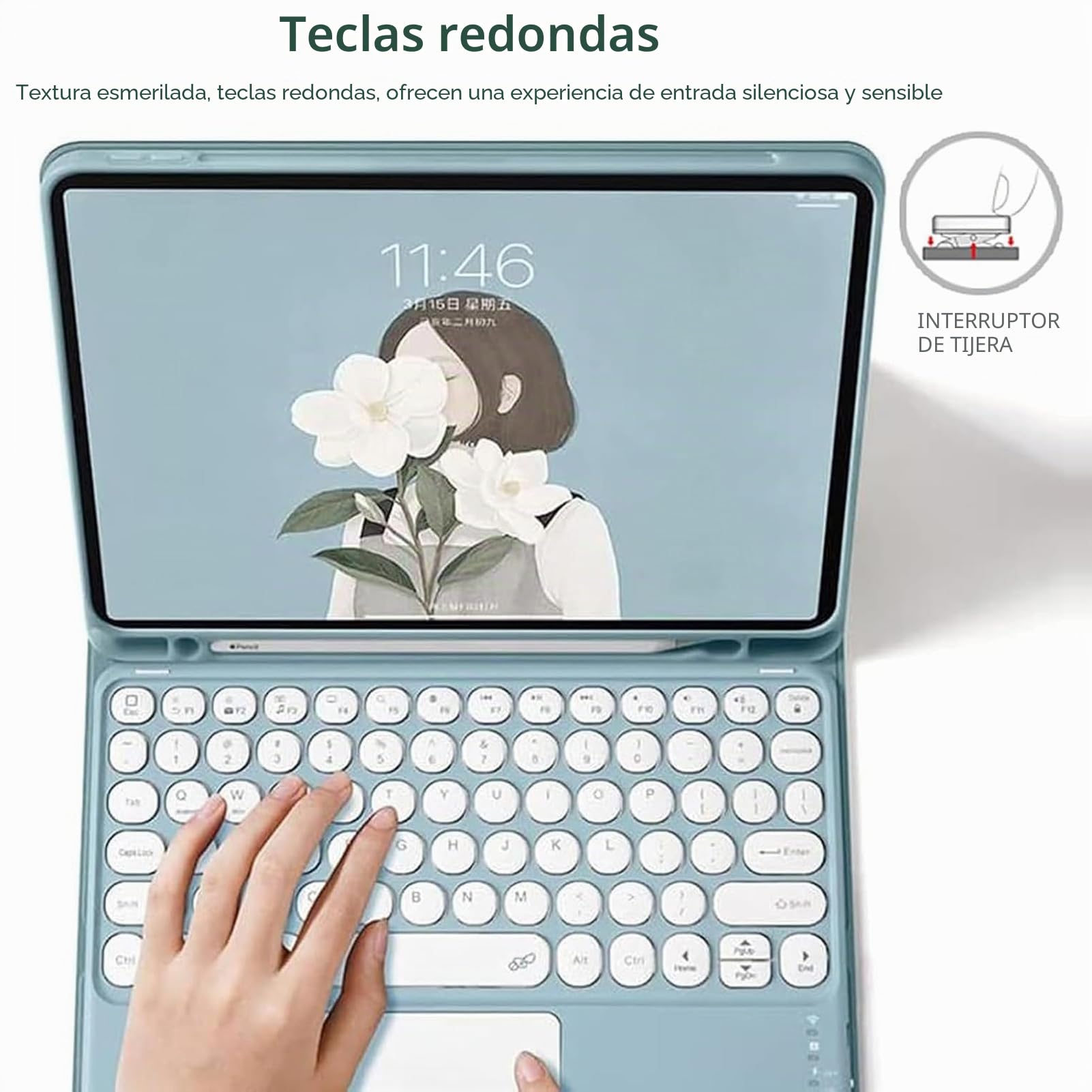 Funda con Teclado para iPad Mini 6.ª Generación 8,3 Pulgadas 2021, Teclas Redondas, QWERTY Español Ñ Teclado Inalámbrico Bluetooth Desmontable con Trackpad, Ratón y Ranura para Lápiz, Negro