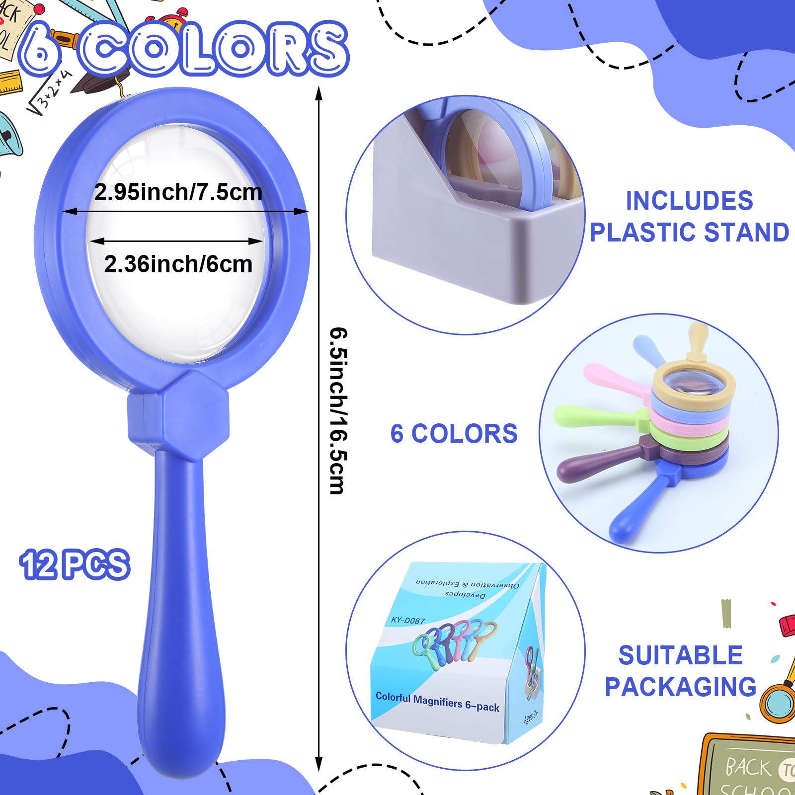 Saysurey 12 Pcs Magnifying Glass for Kids Shatterproof Science Jumbo Magnifiers with Stand Plastic Handheld Magnifying Glass Preschool Science Toys for Observation Classroom Students Autistic Children - Image 2