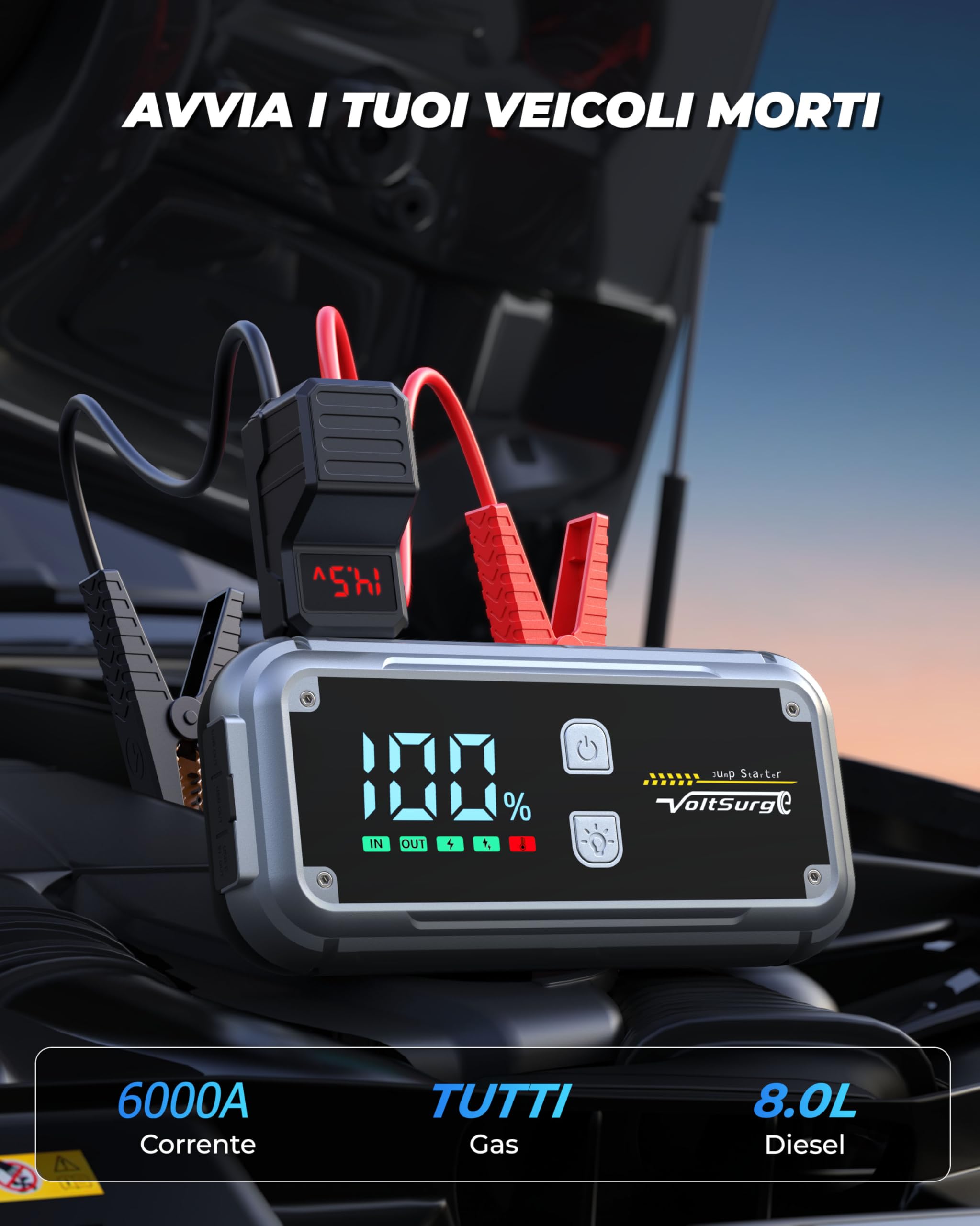 Booster Avviamento Auto, Avviatore di emergenza, 6000A Avviatore Emergenza per Auto Fino a 8.0L Benzina o 6.0L Diesel, 12V Jump Starter, Uscita USB Rapida, Torcia a LED (6000A)