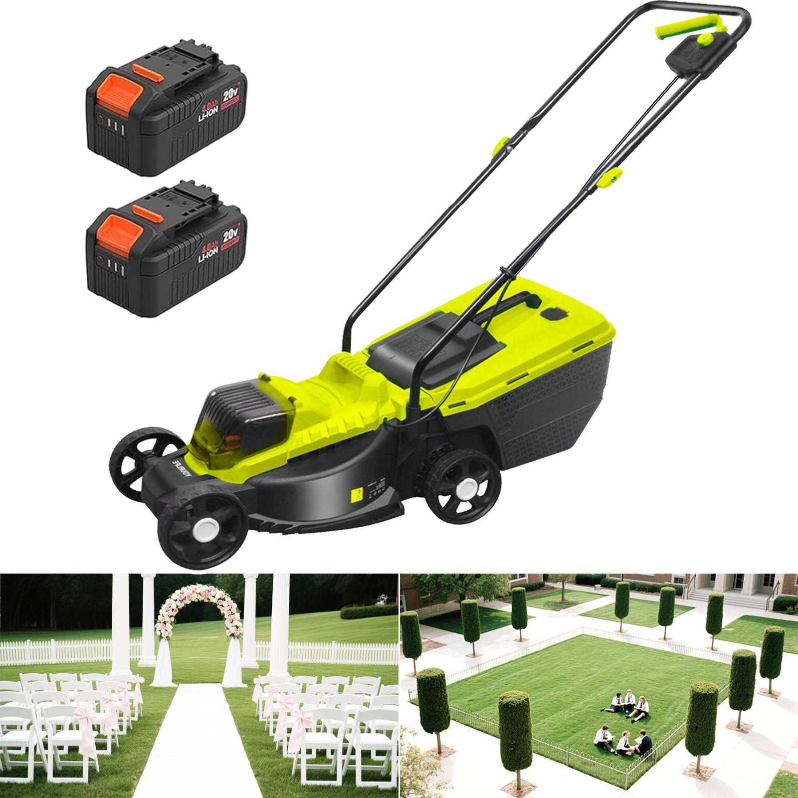 Cortacésped eléctrico inalámbrico con baterías duales, motor sin escobillas, alturas de corte ajustables, bolsa de césped grande, largo tiempo de funcionamiento para un cuidado eficiente del césped