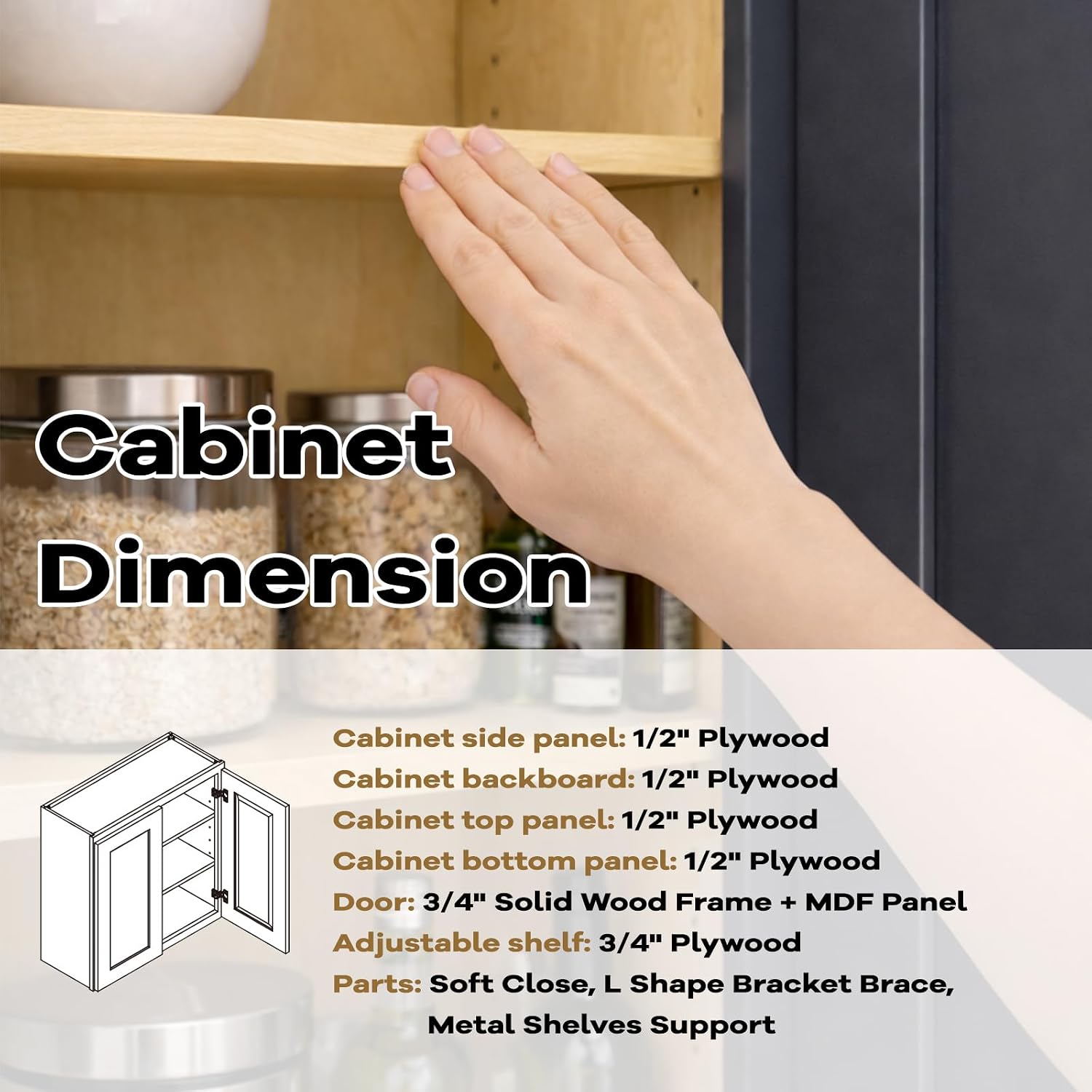 36" Kitchen Wall Cabinet with 2 Complete Door Sets, Includes Solid Shaker Doors & Clear Glass Doors, 2 Soft-Close Hinges, 3 Adjustable Shelves, RTA (Graphite Shaker, 36" W x 36" H x 12" D)
