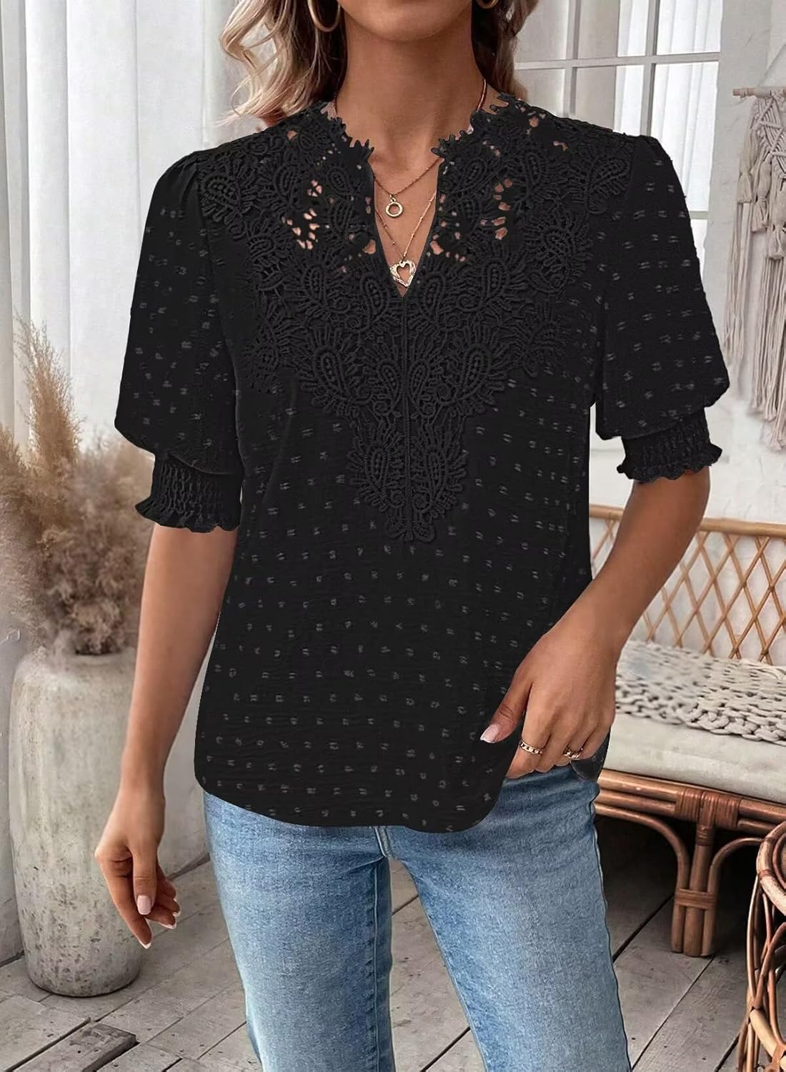Womens Summer Tops Boho Short Sleeve Shirts V Neck Casual Chiffon Blouses Flowy Lace Hem Spring Clothing Trendy 2025 - Image 4